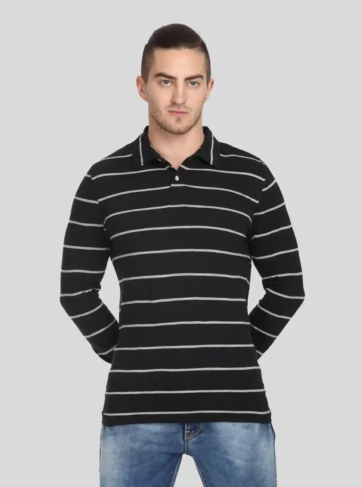 Men’s Black Striped Full Sleeve Polo T-Shirt – Sleek & Refined Style | Buy Online at  Boer and Fitch