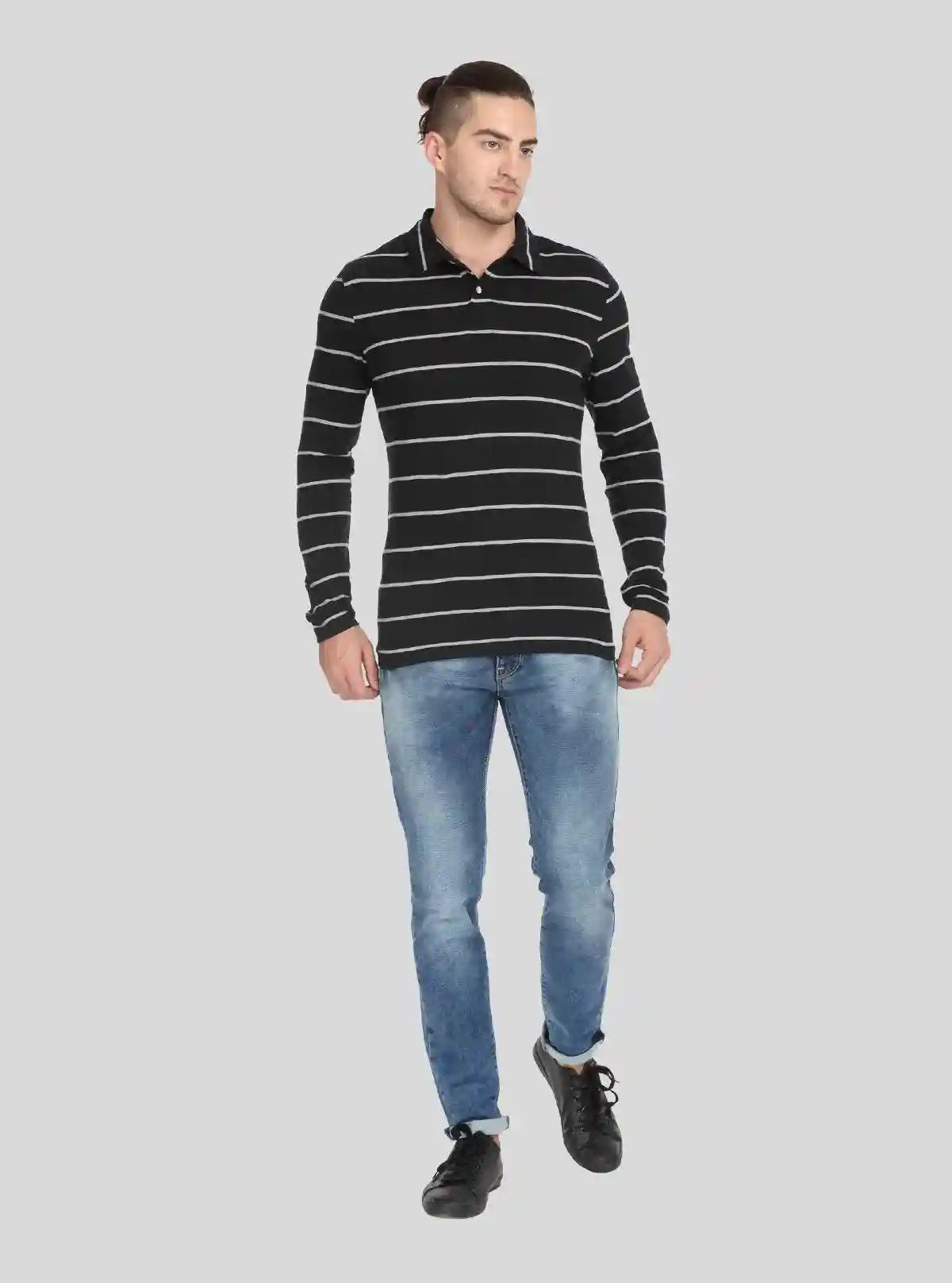 Men’s Black Striped Full Sleeve Polo T-Shirt – Sleek & Refined Style | Buy Online at  Boer and Fitch