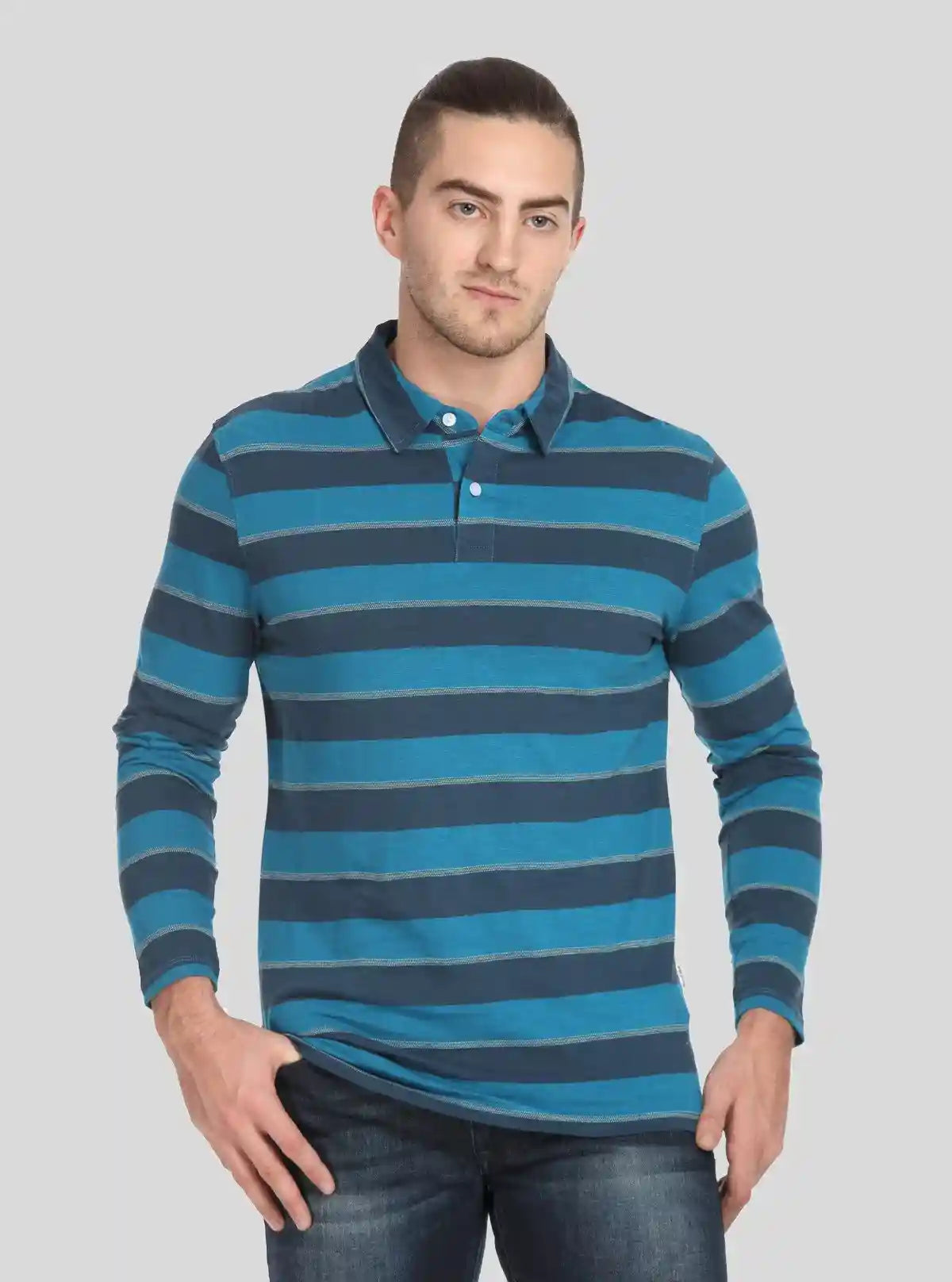 Men’s Blue Striped Full Sleeve Polo T-Shirt – Classic Comfort Meets Modern Style | Buy Online at  Boer and Fitch