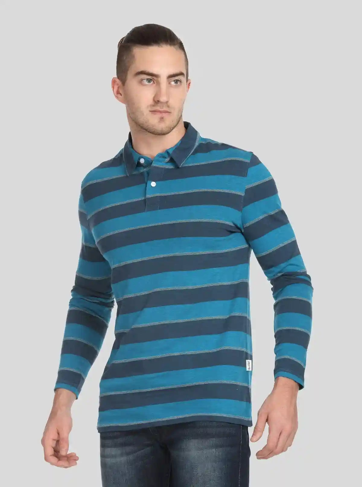 Men’s Blue Striped Full Sleeve Polo T-Shirt – Classic Comfort Meets Modern Style | Buy Online at  Boer and Fitch