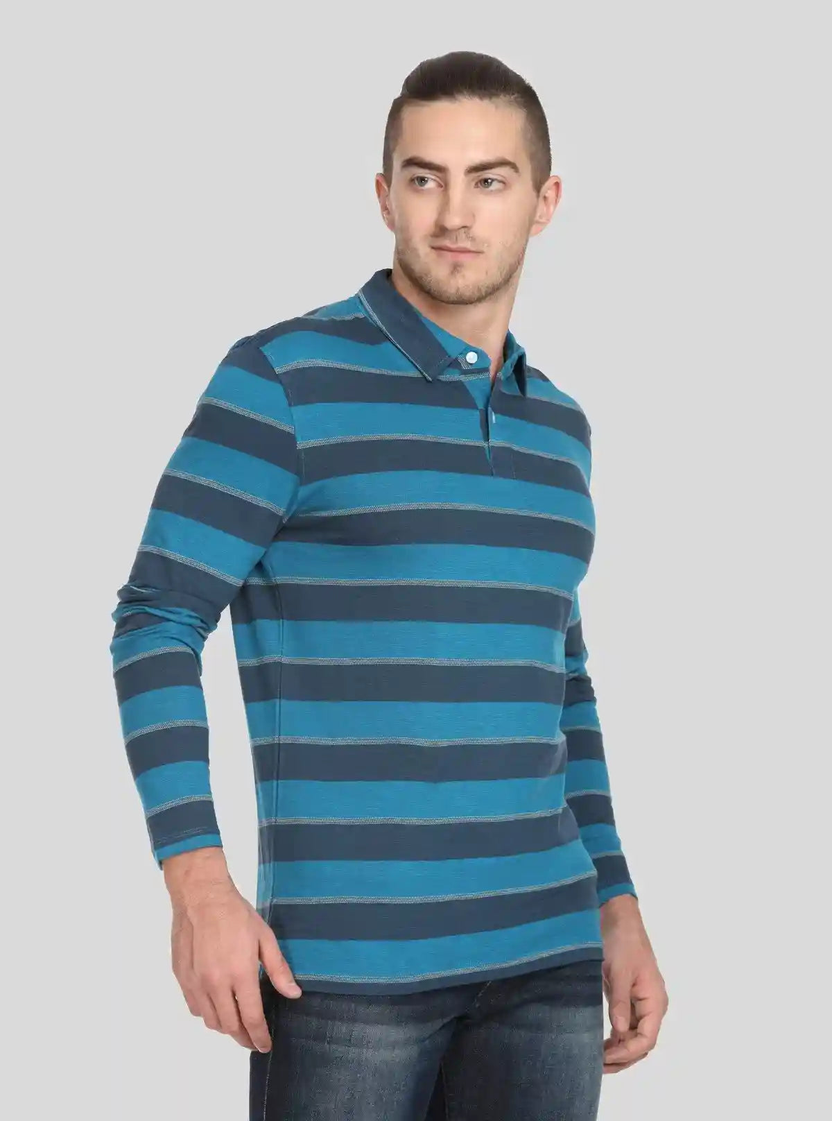 Men’s Blue Striped Full Sleeve Polo T-Shirt – Classic Comfort Meets Modern Style | Buy Online at  Boer and Fitch