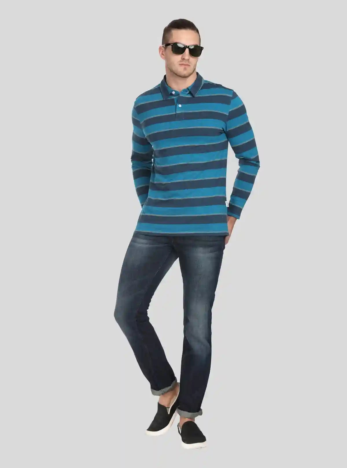 Men’s Blue Striped Full Sleeve Polo T-Shirt – Classic Comfort Meets Modern Style | Buy Online at  Boer and Fitch
