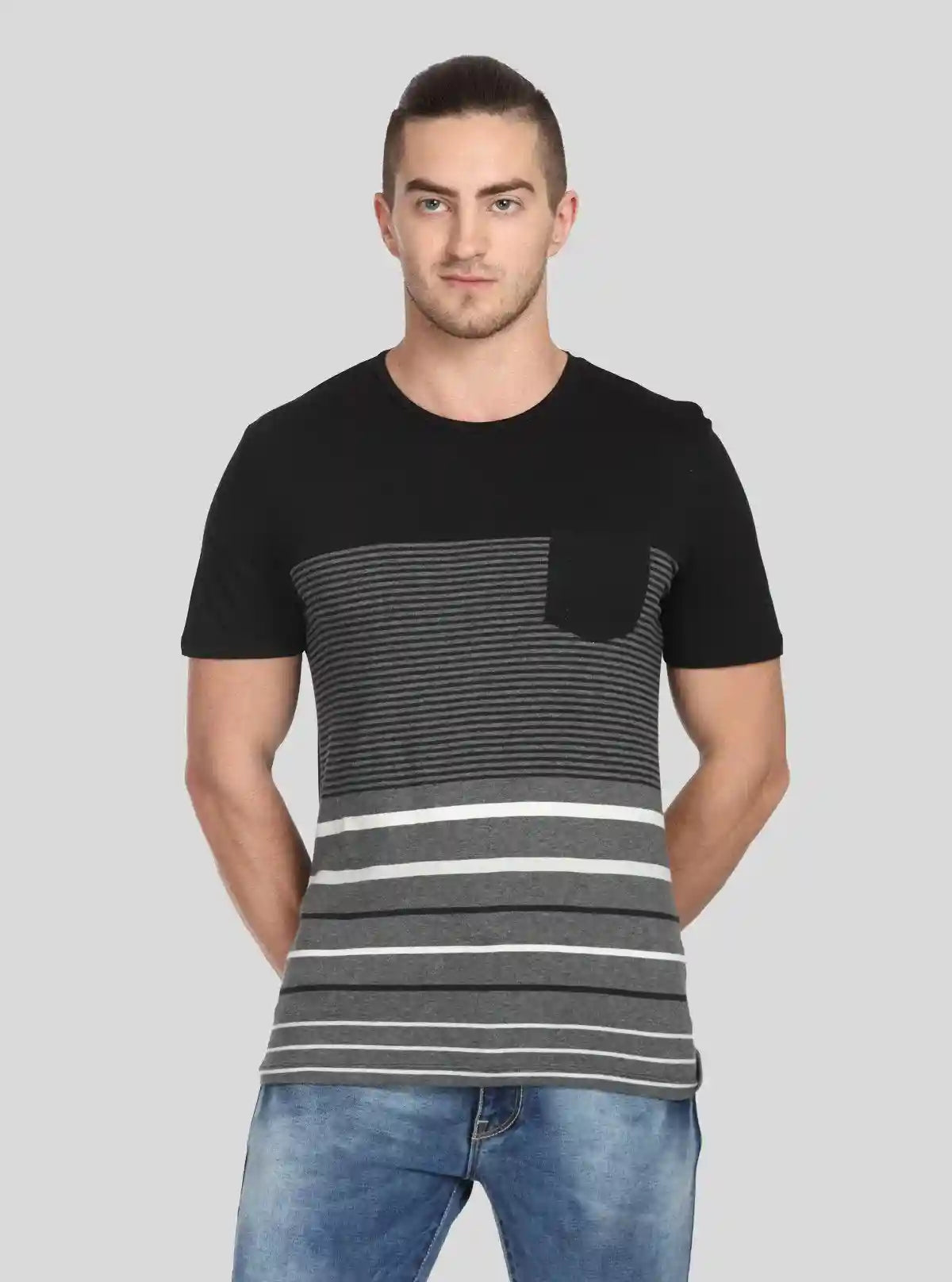 Men’s Textured Black Round Neck T-Shirt with Patch Pocket – Stylish Minimalism | Buy Online at  Boer and Fitch