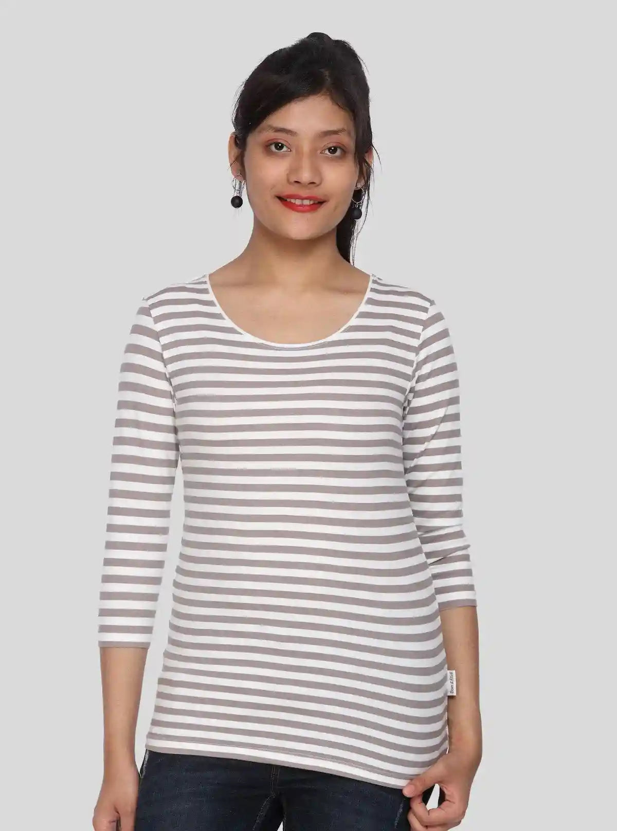 Women's Brown Scoop Neck Striped Long Sleeve Cotton Jersey Top | Buy Online at  Boer and Fitch