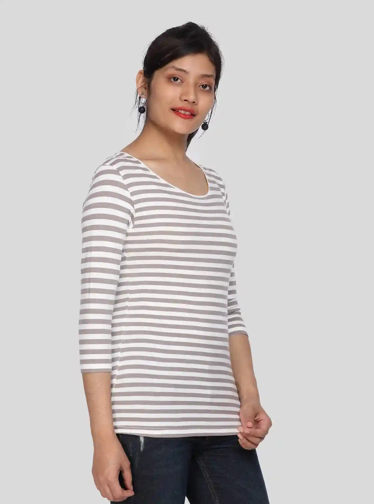 Women's Brown Scoop Neck Striped Long Sleeve Cotton Jersey Top | Buy Online at  Boer and Fitch