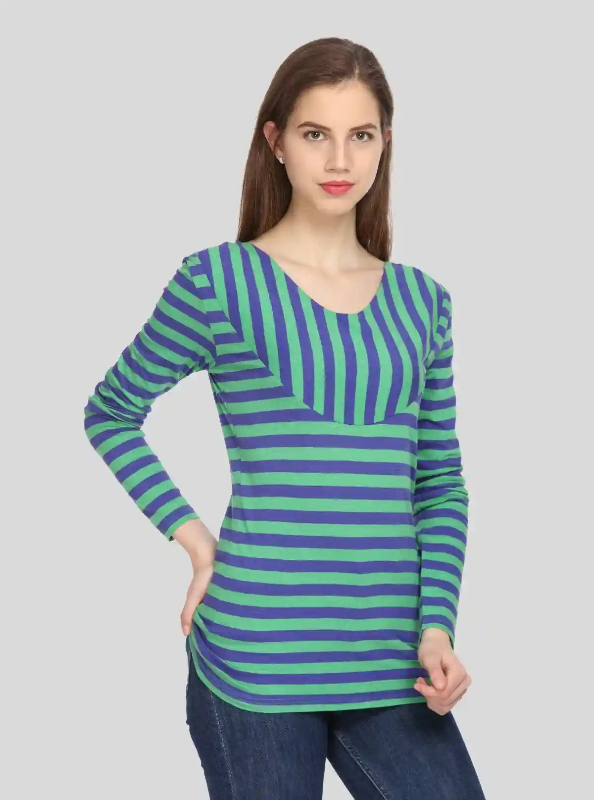 Women’s Green Striped Printed Long Sleeve Cotton Jersey Top | Boer & Fitch | Buy Online at  Boer and Fitch