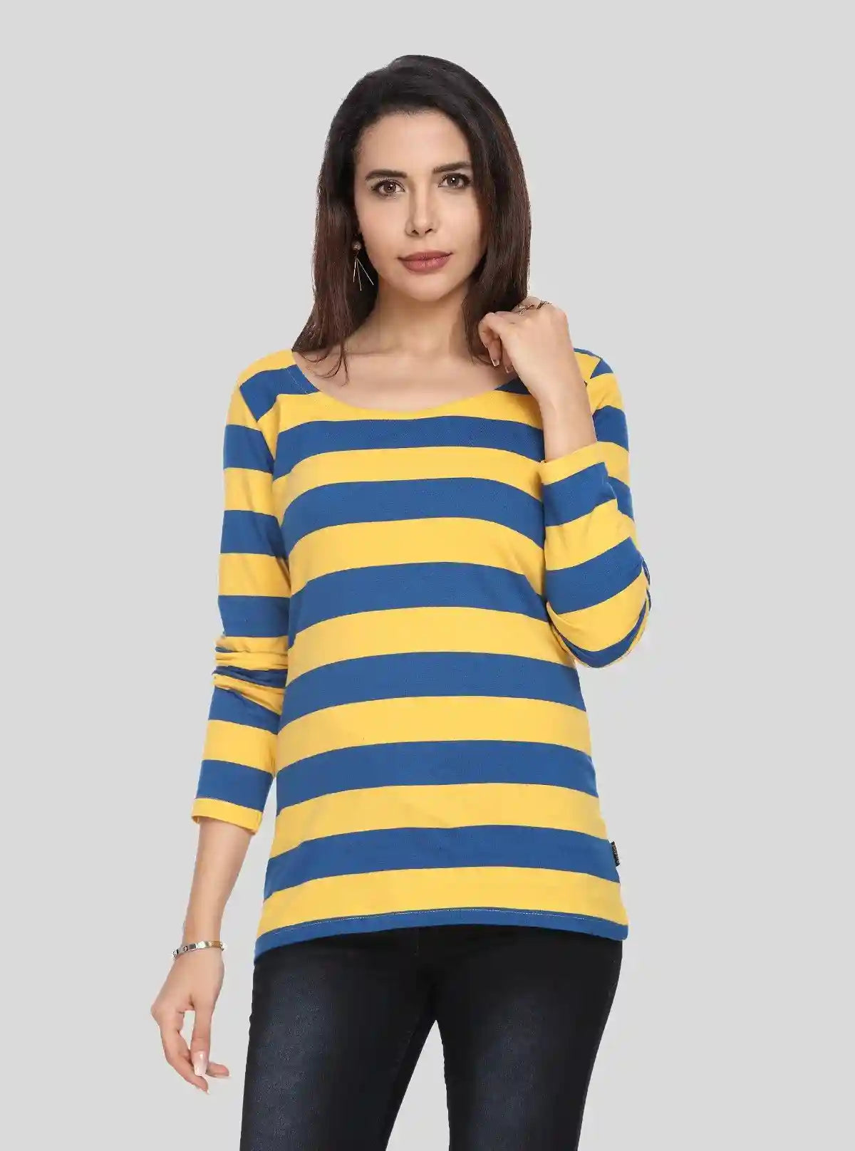 Women's Mustard Striped Scoop Neck Long Sleeve Top – Cotton Jersey Knit | Buy Online at  Boer and Fitch