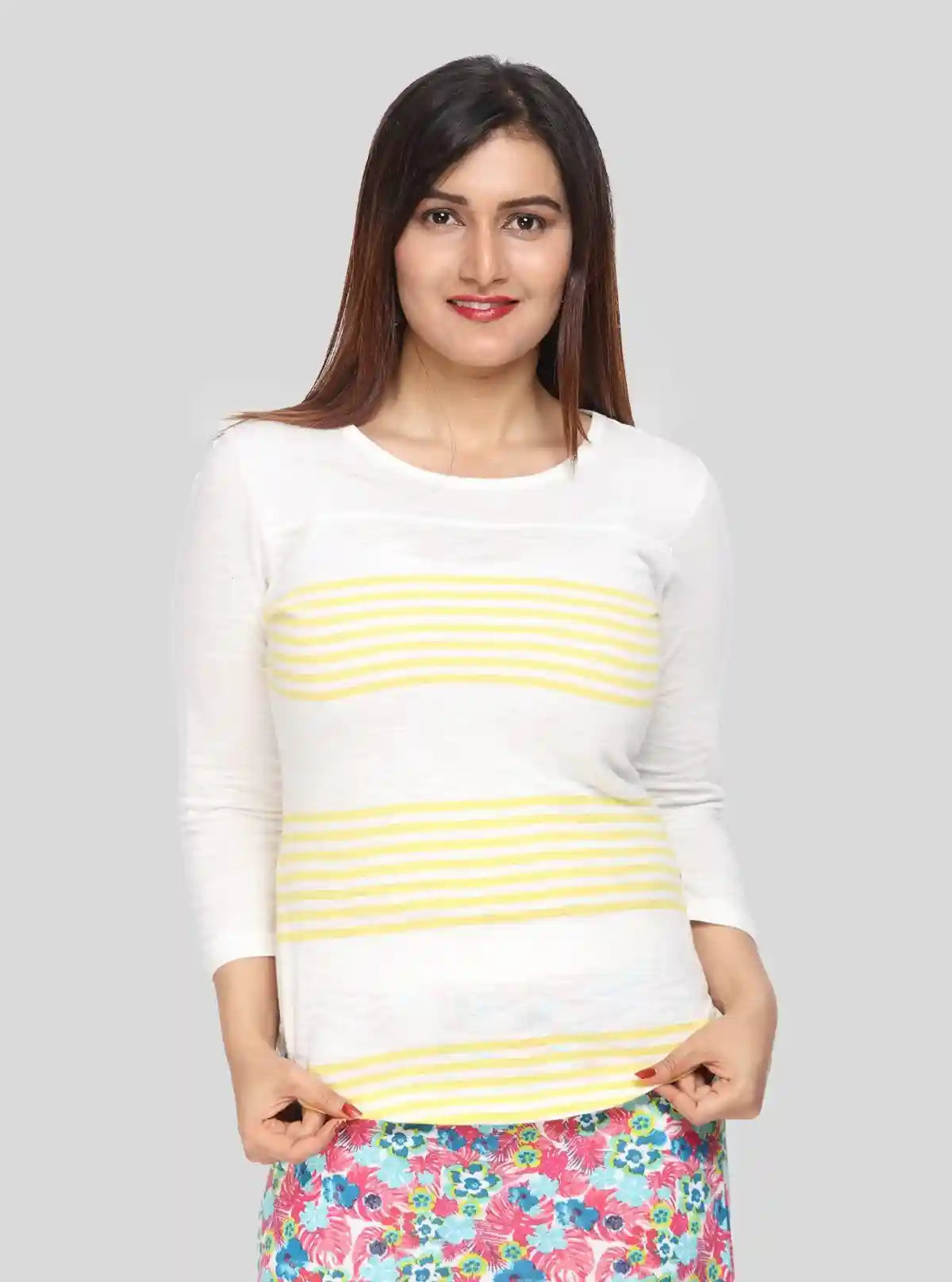 Women's Off-White Scoop Neck Yellow Stripe Long Sleeve Cotton Slub Jersey Top | Buy Online at  Boer and Fitch