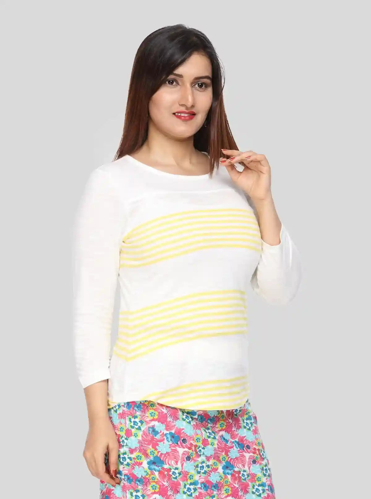 Women's Off-White Scoop Neck Yellow Stripe Long Sleeve Cotton Slub Jersey Top | Buy Online at  Boer and Fitch