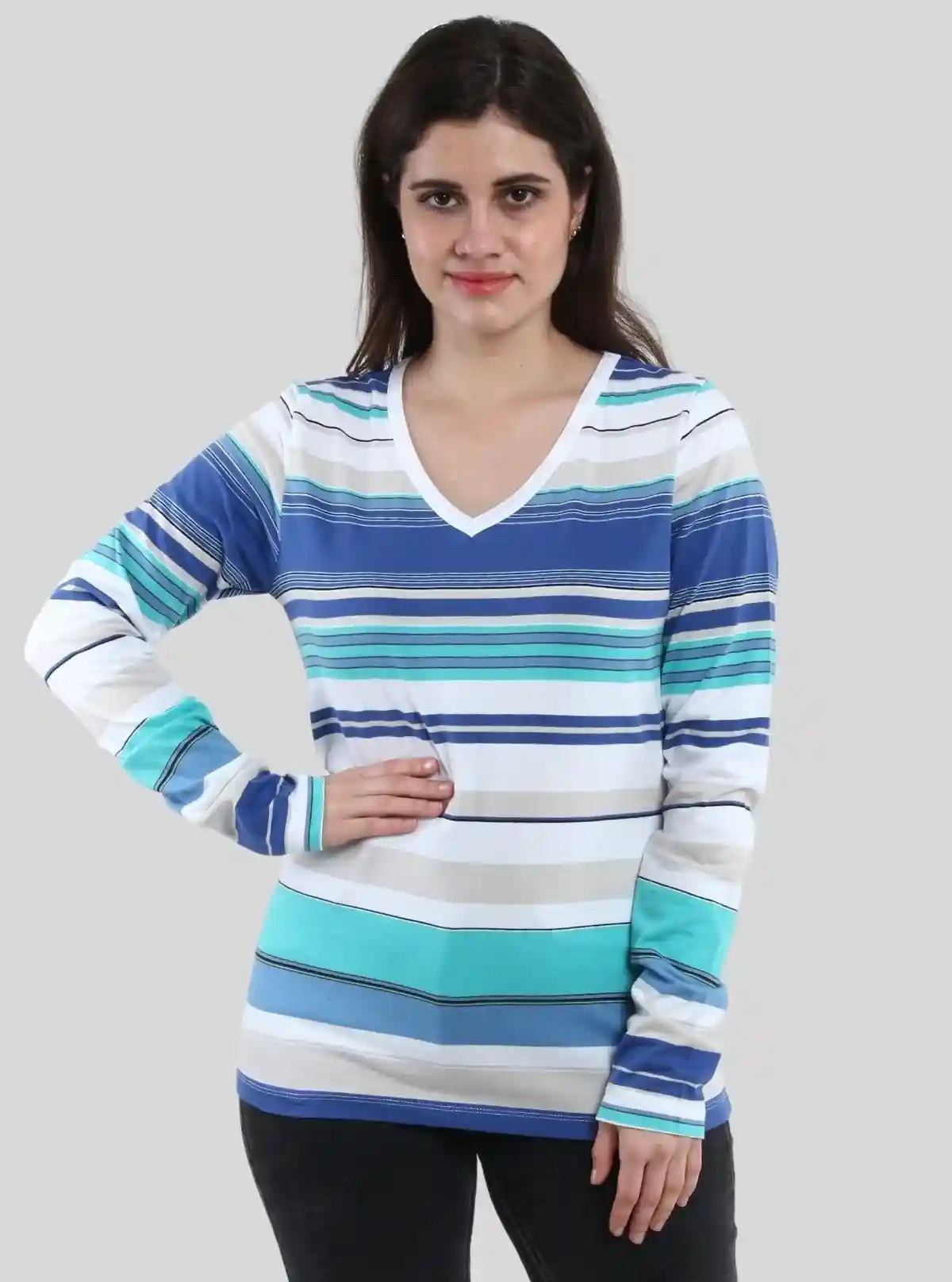 Women's White and Blue Striped Cotton Jersey Long Sleeve Top | Buy Online at  Boer and Fitch