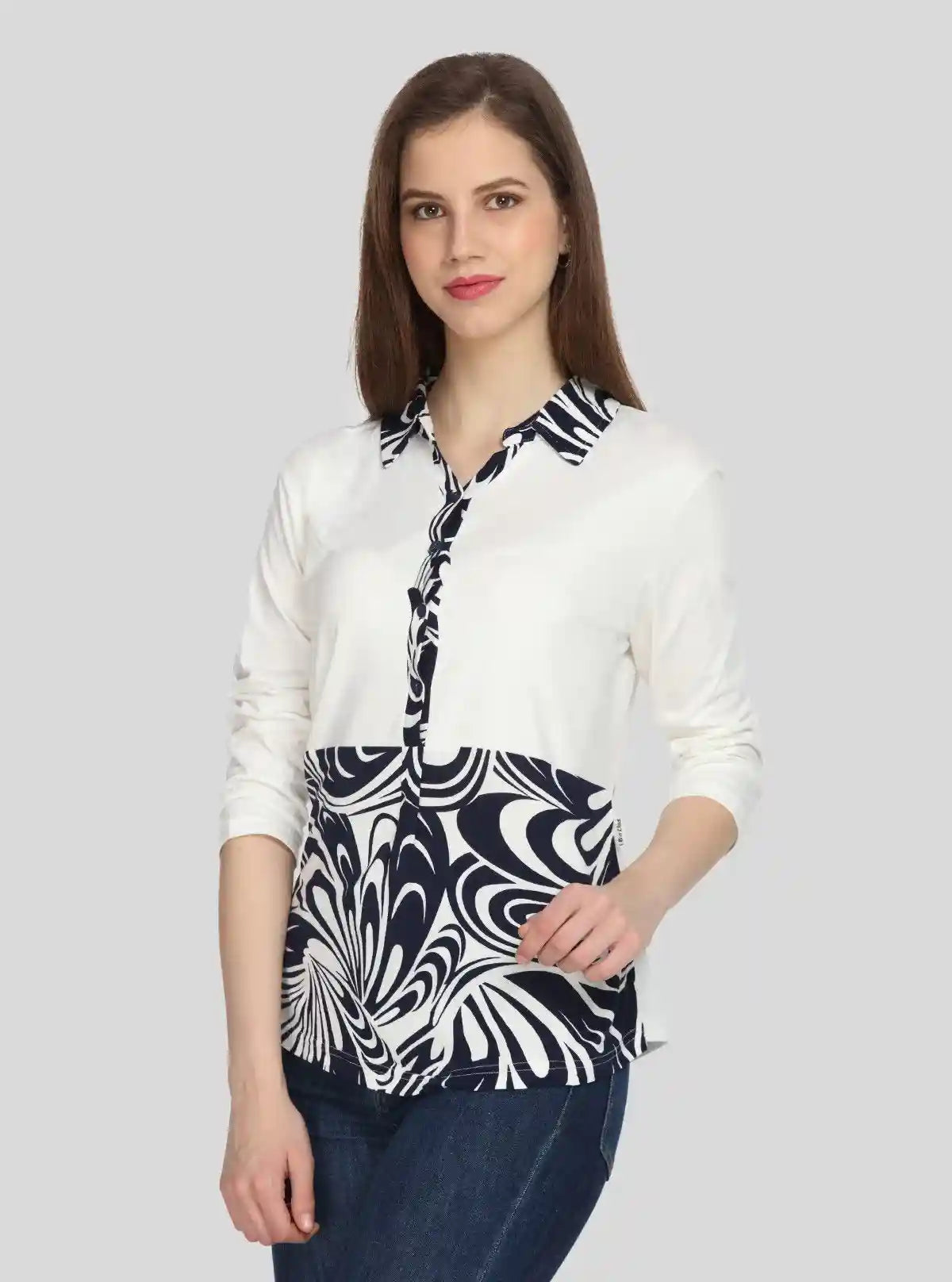 Women's Ecru Feather Print Collared Neck Top with Long Sleeves – Cotton Jersey | Boer & Fitch | Buy Online at  Boer and Fitch