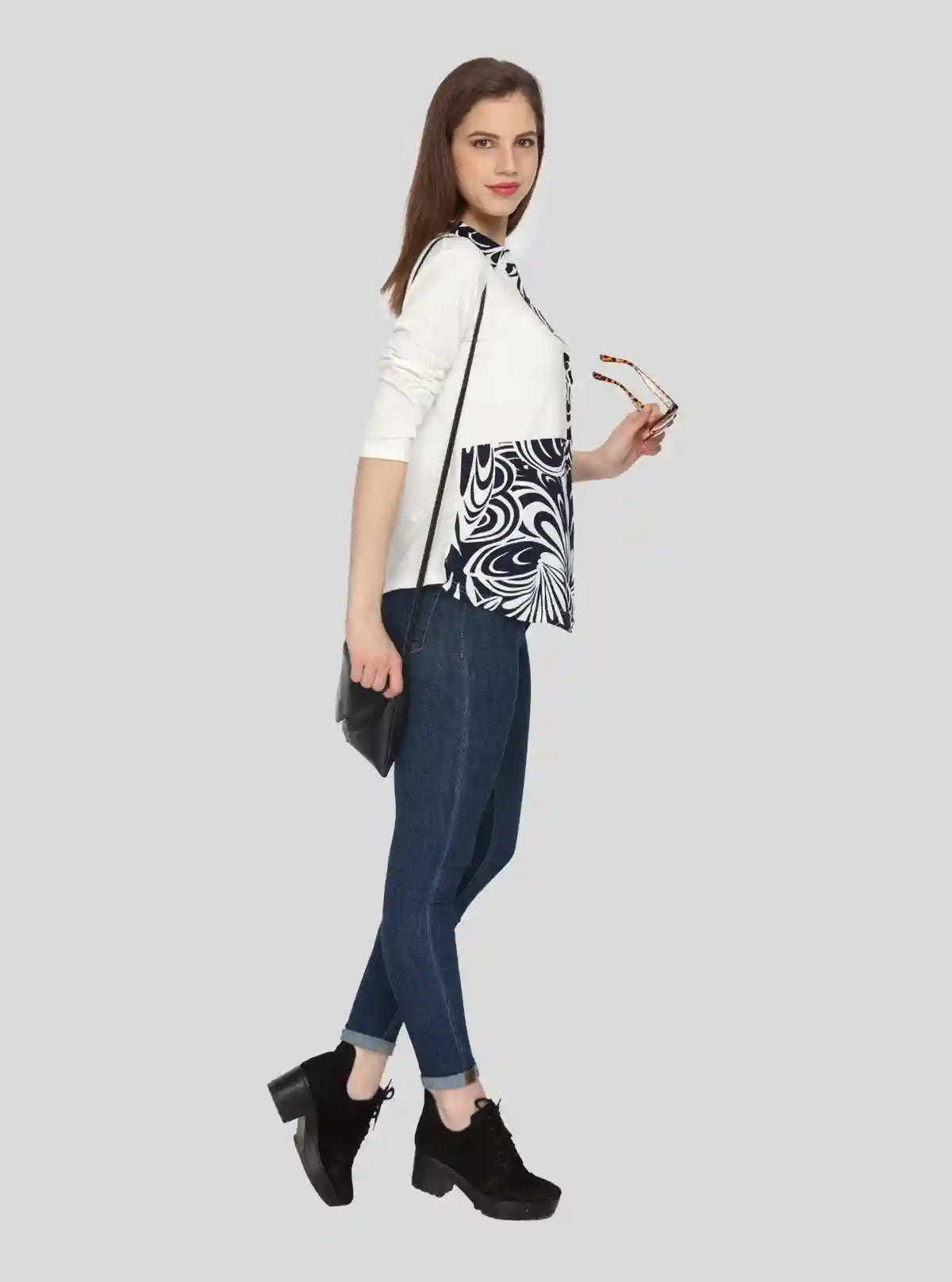 Women's Ecru Feather Print Collared Neck Top with Long Sleeves – Cotton Jersey | Boer & Fitch | Buy Online at  Boer and Fitch