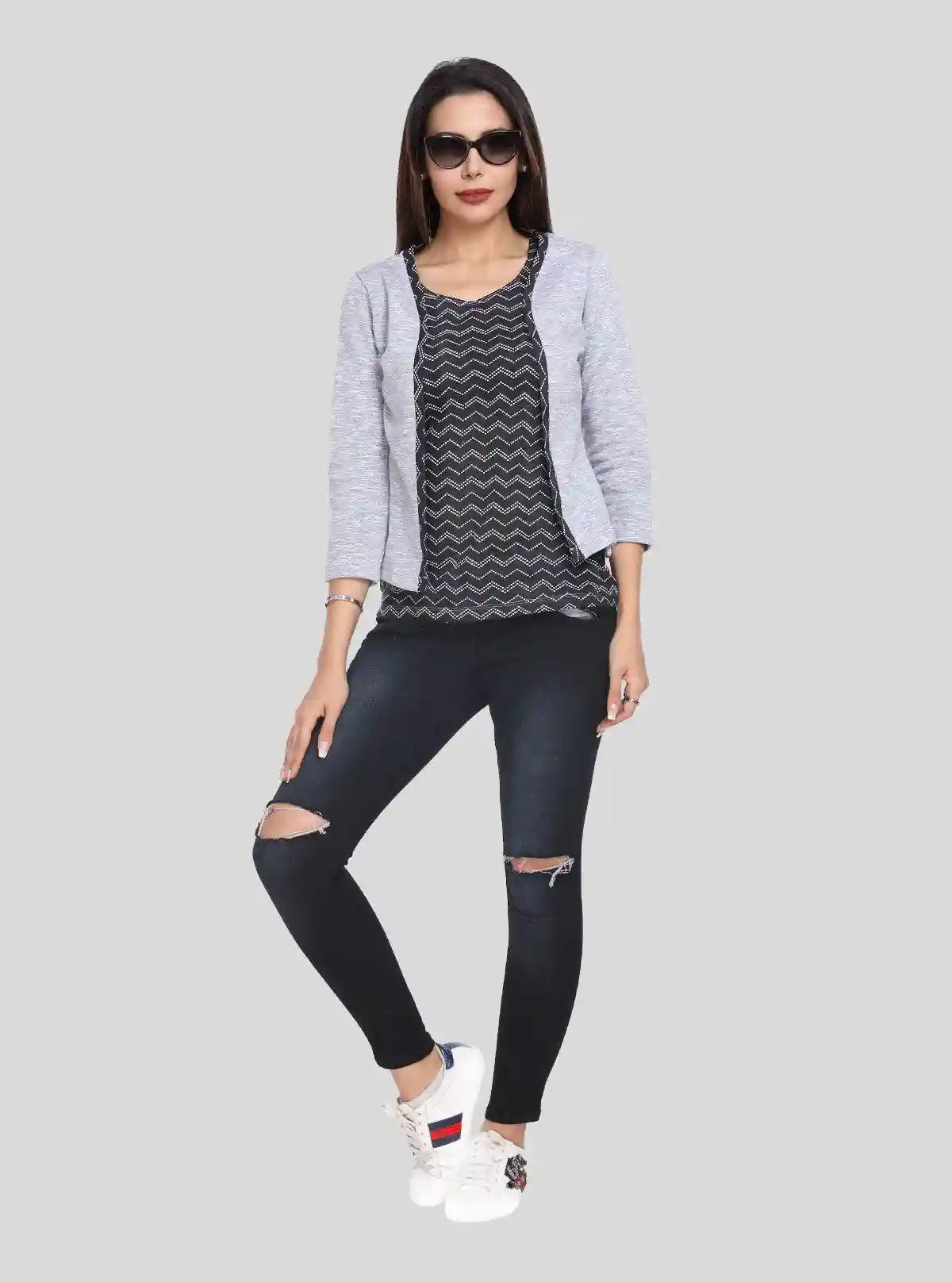 Women's Grey Cotton Shrug with Black Zigzag Print Top Set – Boer and Fitch | Buy Online at  Boer and Fitch