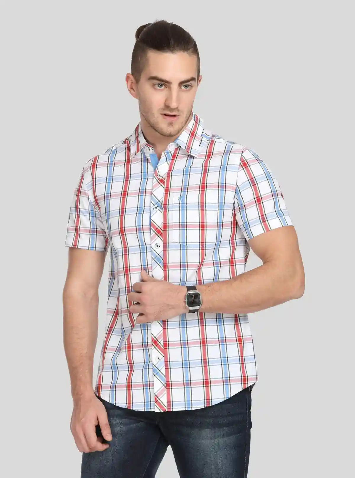 Men’s Red & Blue Checked Slim Fit Shirt – Stylish Casual Wear by Boer & Fitch | Buy Online at  Boer and Fitch