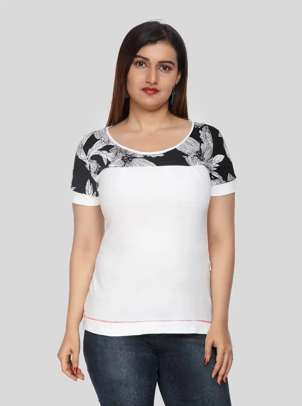 Women's Ecru Floral Cut and Sew Top in Cotton Elastane Jersey by Boer & Fitch | Buy Online at  Boer and Fitch