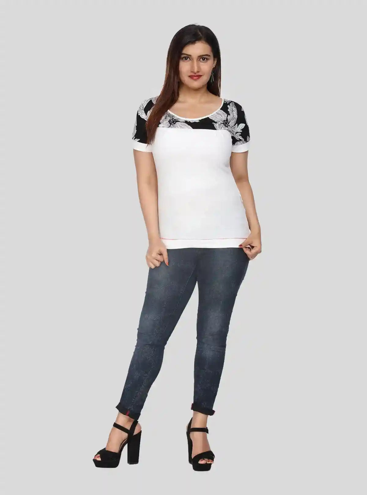 Women's Ecru Floral Cut and Sew Top in Cotton Elastane Jersey by Boer & Fitch | Buy Online at  Boer and Fitch