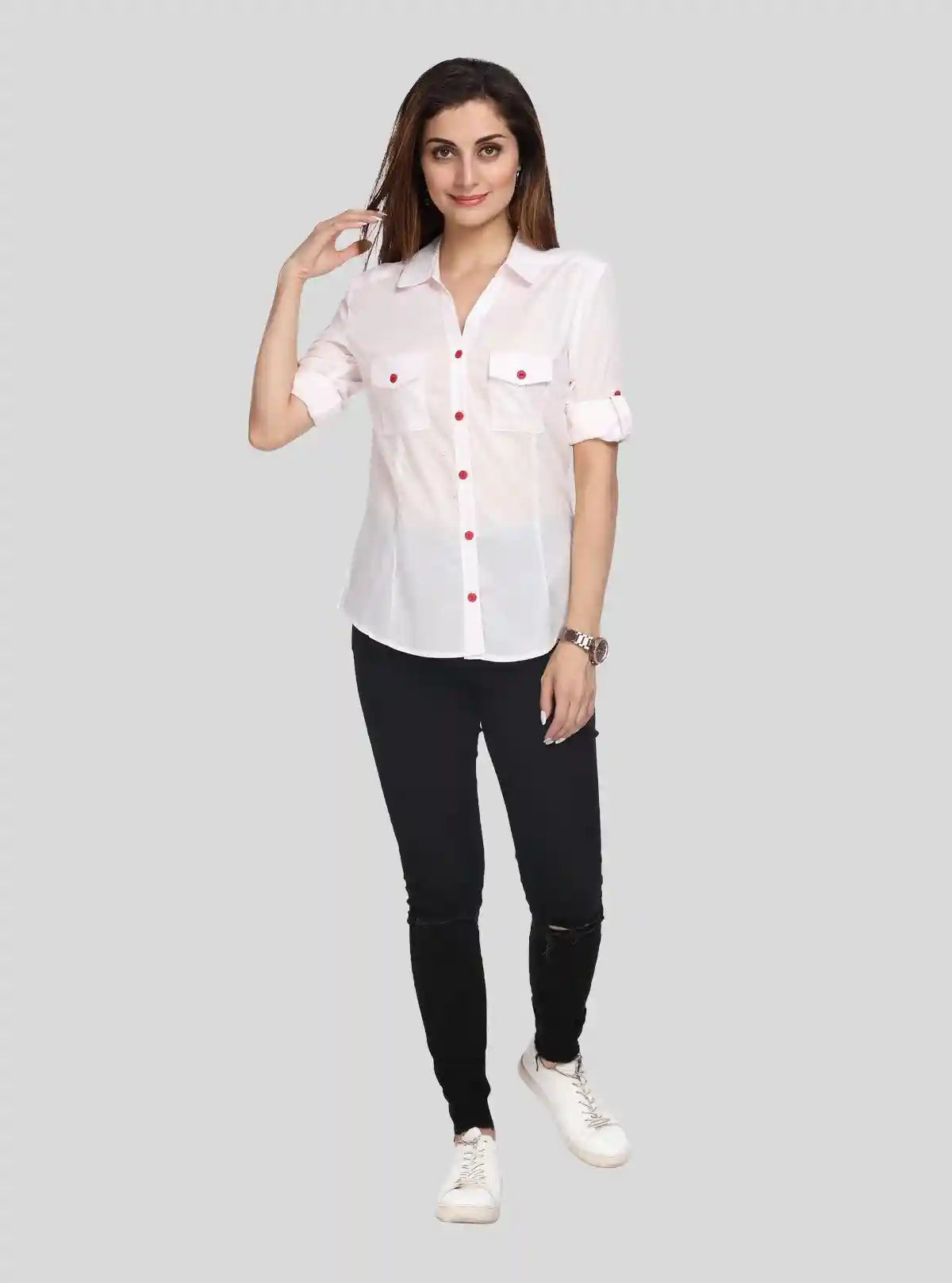 Women’s White Polka Dot Long Sleeve Shirt with Red Buttons – Boer & Fitch | Buy Online at  Boer and Fitch