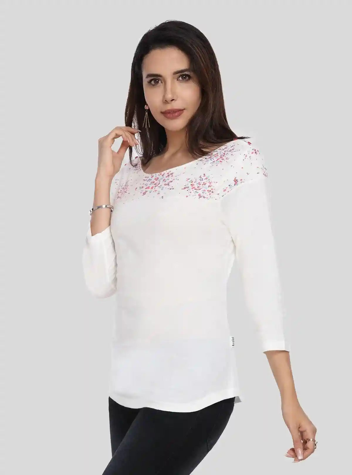 Women's White Scoop Neck Floral Print Panel Top – Cotton Jersey Knit | Buy Online at  Boer and Fitch