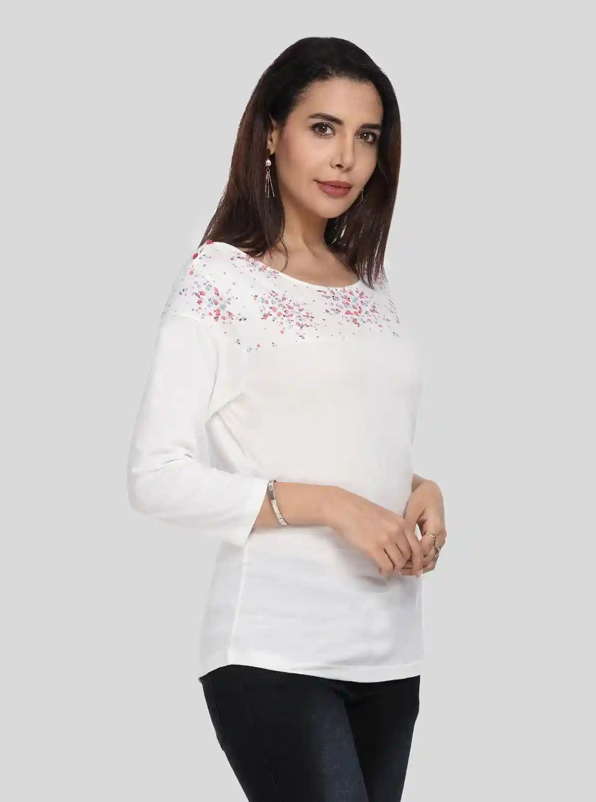 Women's White Scoop Neck Floral Print Panel Top – Cotton Jersey Knit | Buy Online at  Boer and Fitch