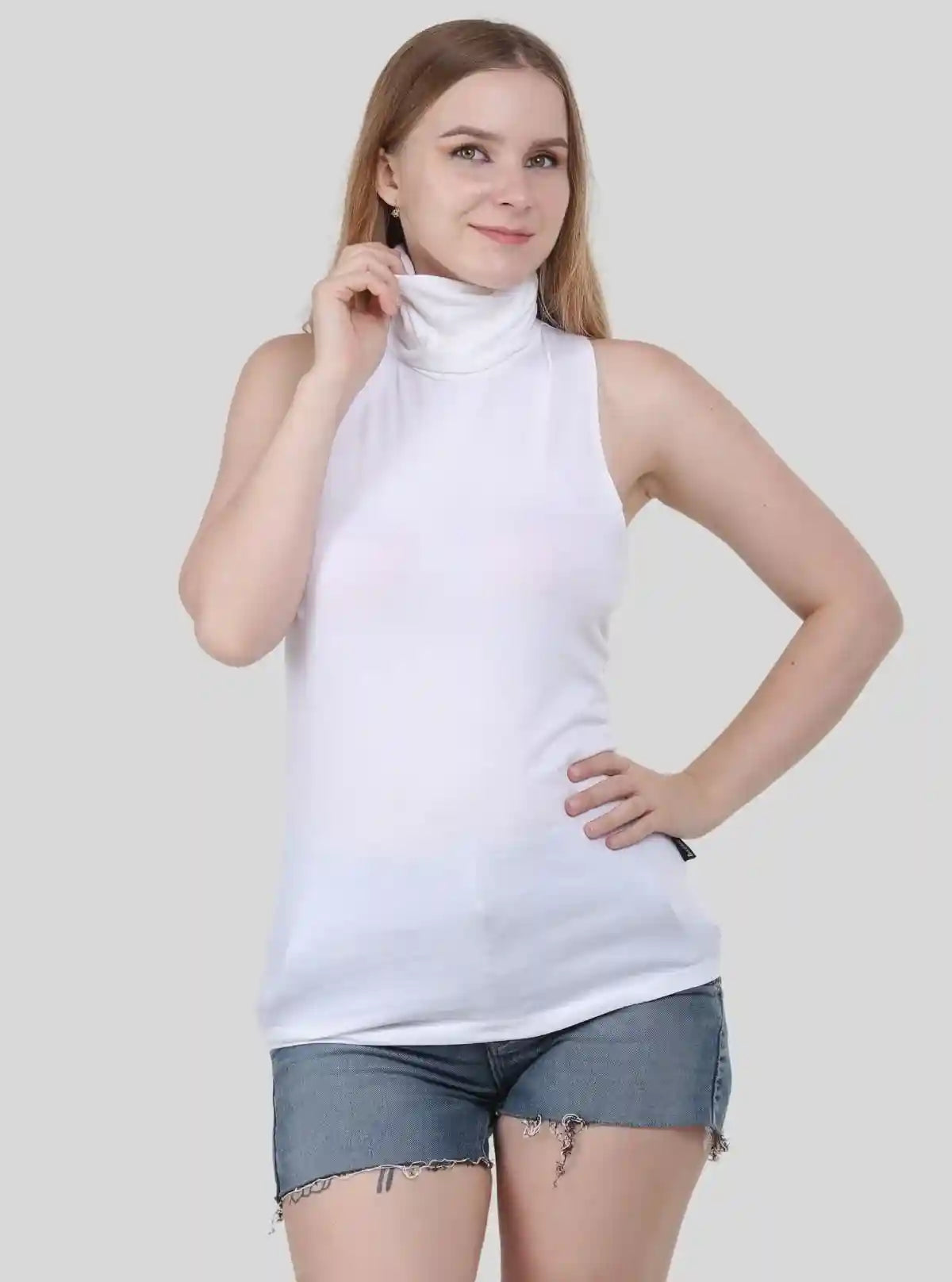 Women's White Sleeveless Turtle Neck Top – Elegant & Versatile Staple | Buy Online at  Boer and Fitch