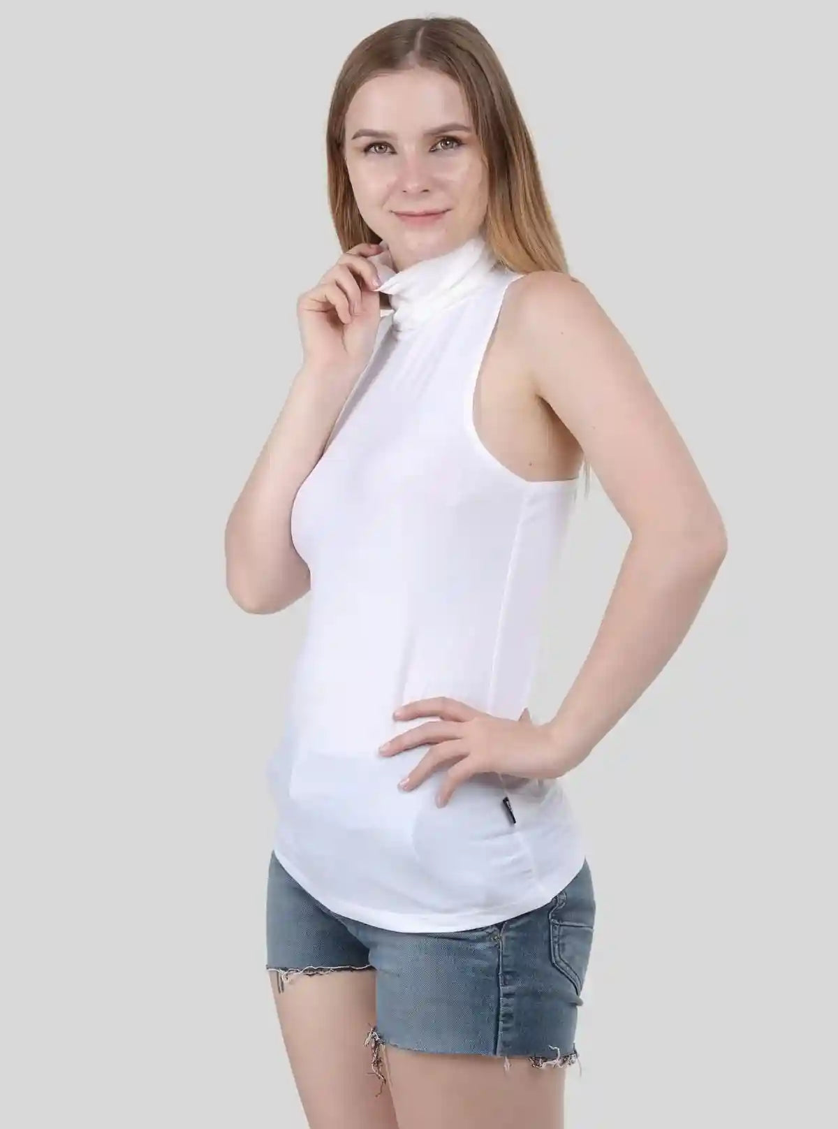 Women's White Sleeveless Turtle Neck Top – Elegant & Versatile Staple | Buy Online at  Boer and Fitch