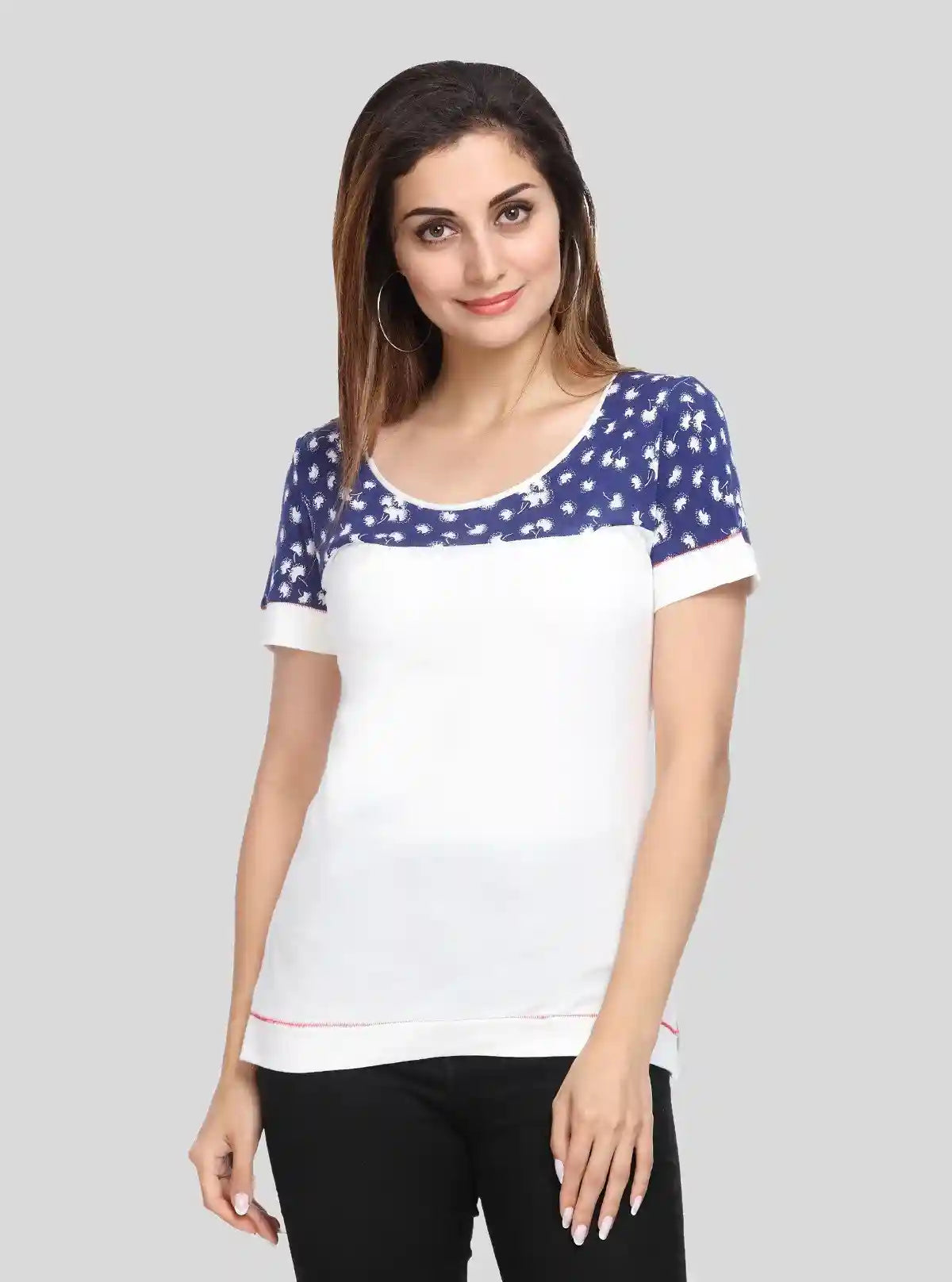 Women's White with Blue Floral Cut and Sew Cotton Jersey Top by Boer & Fitch | Buy Online at  Boer and Fitch