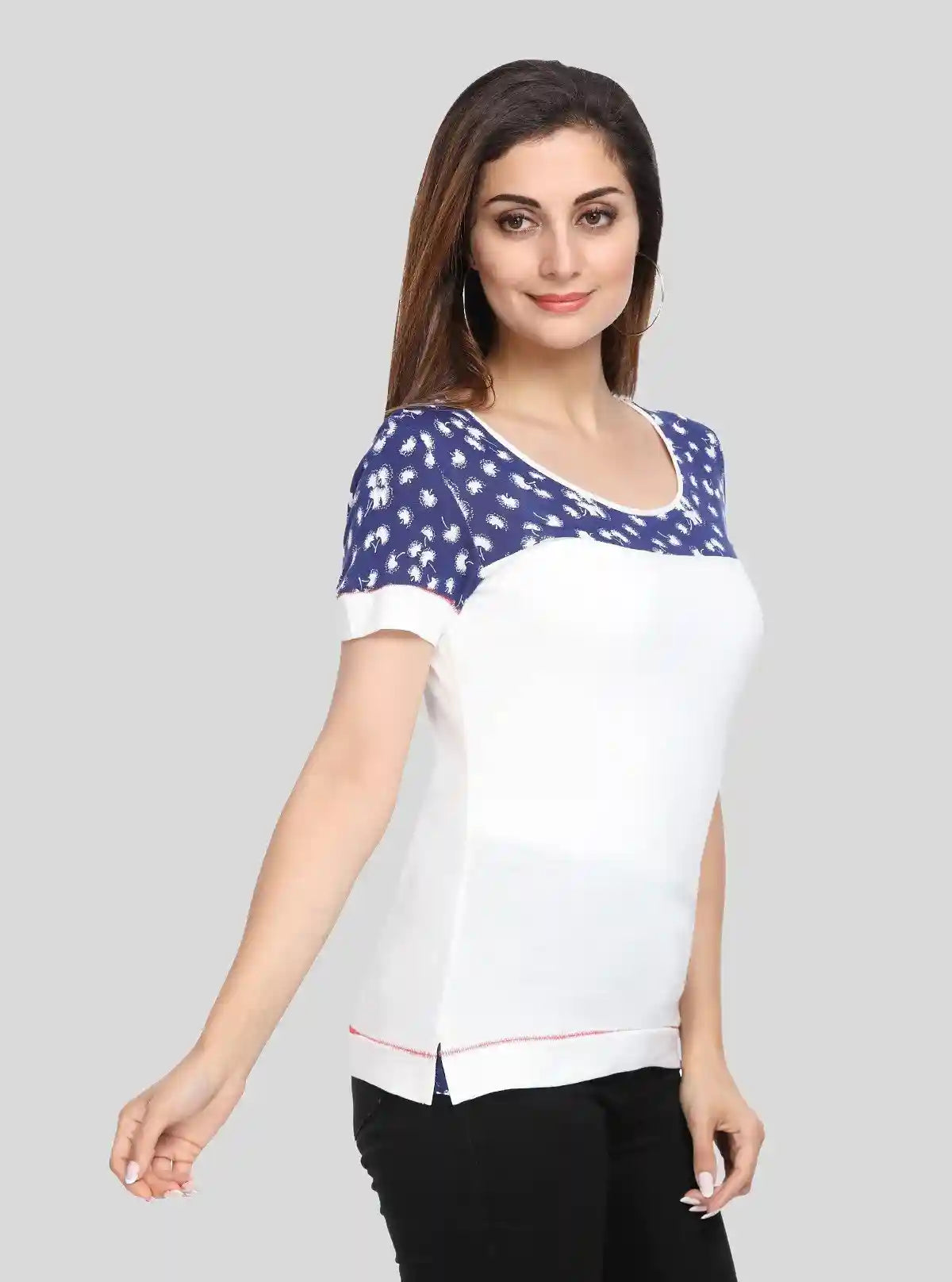 Women's White with Blue Floral Cut and Sew Cotton Jersey Top by Boer & Fitch | Buy Online at  Boer and Fitch