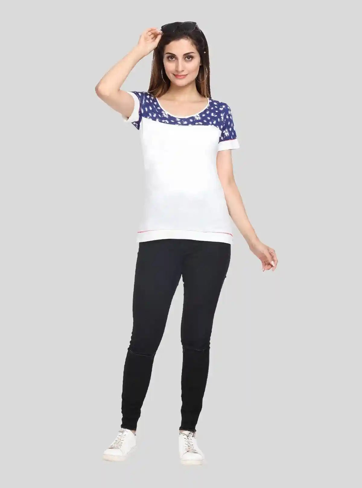 Women's White with Blue Floral Cut and Sew Cotton Jersey Top by Boer & Fitch | Buy Online at  Boer and Fitch