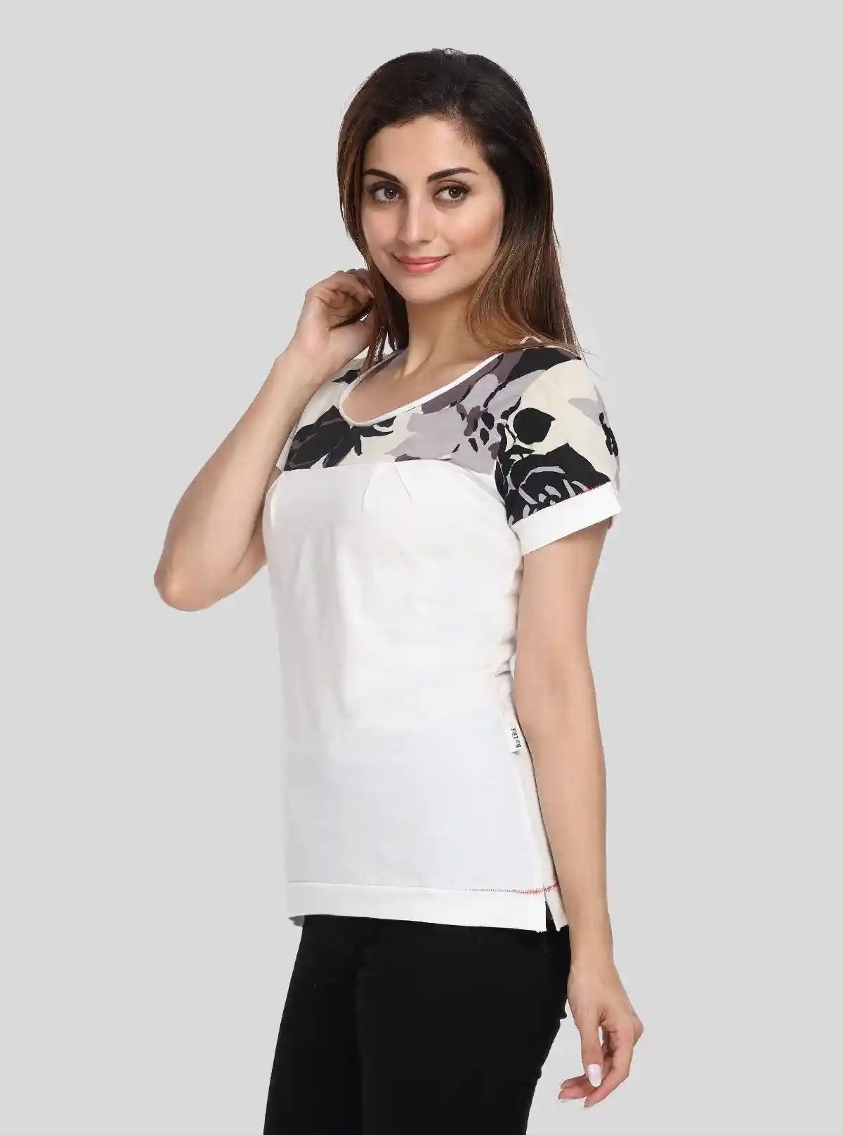 Women's White with Ecru Floral Cut and Sew Cotton Jersey Top by Boer & Fitch | Buy Online at  Boer and Fitch