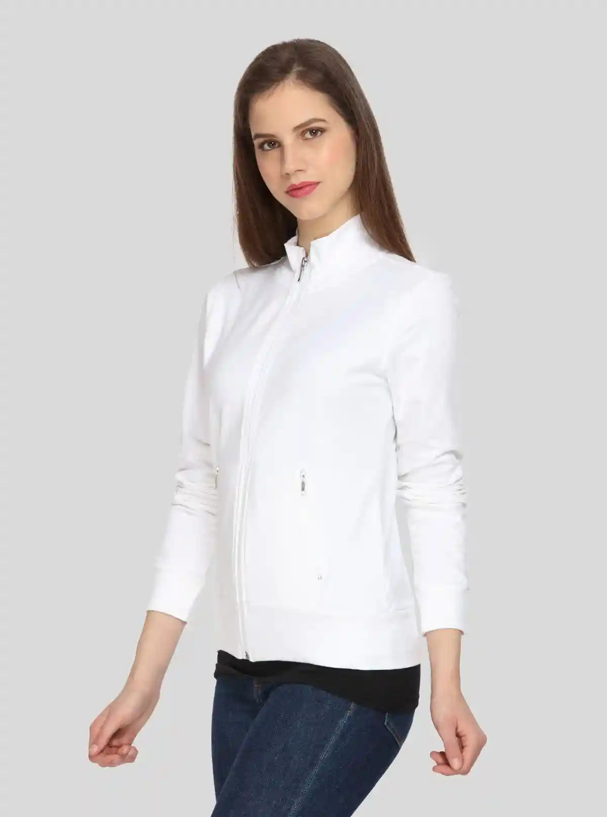 Women’s White Zipper Sweatshirt in Soft Cotton Fleece with Full Sleeves | Buy Online at  Boer and Fitch