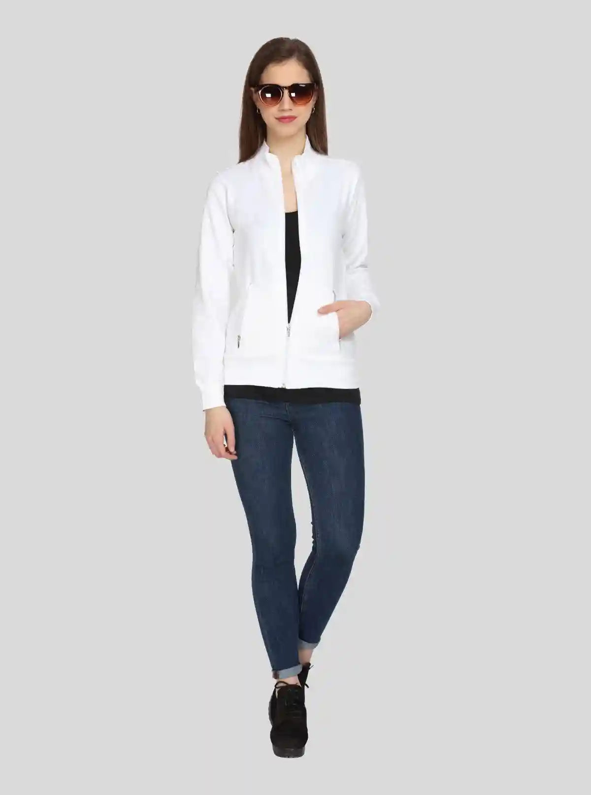 Women’s White Zipper Sweatshirt in Soft Cotton Fleece with Full Sleeves | Buy Online at  Boer and Fitch