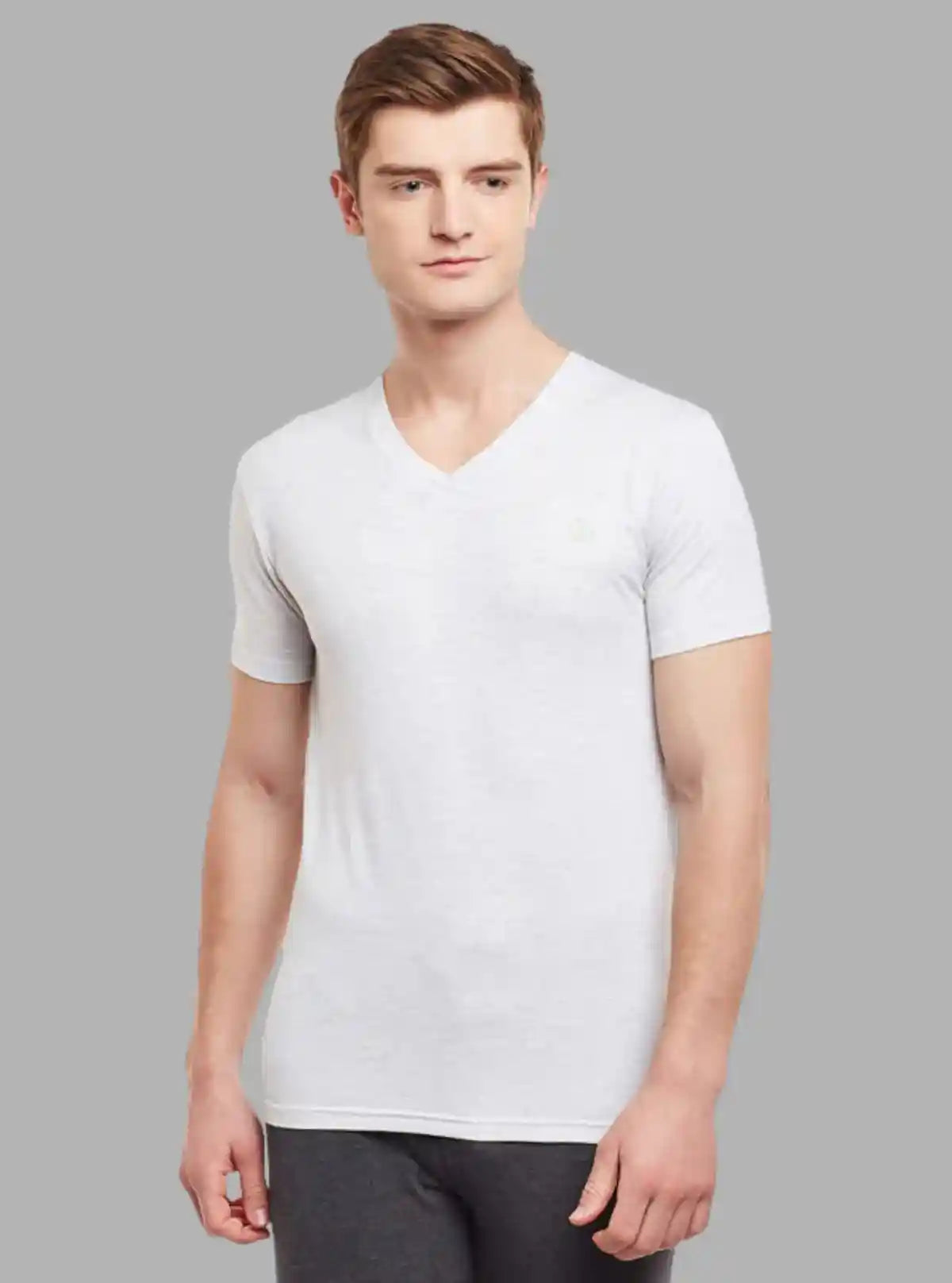 Men’s Grey Melange V-Neck Printed T-Shirt – Casual Comfort Meets Style