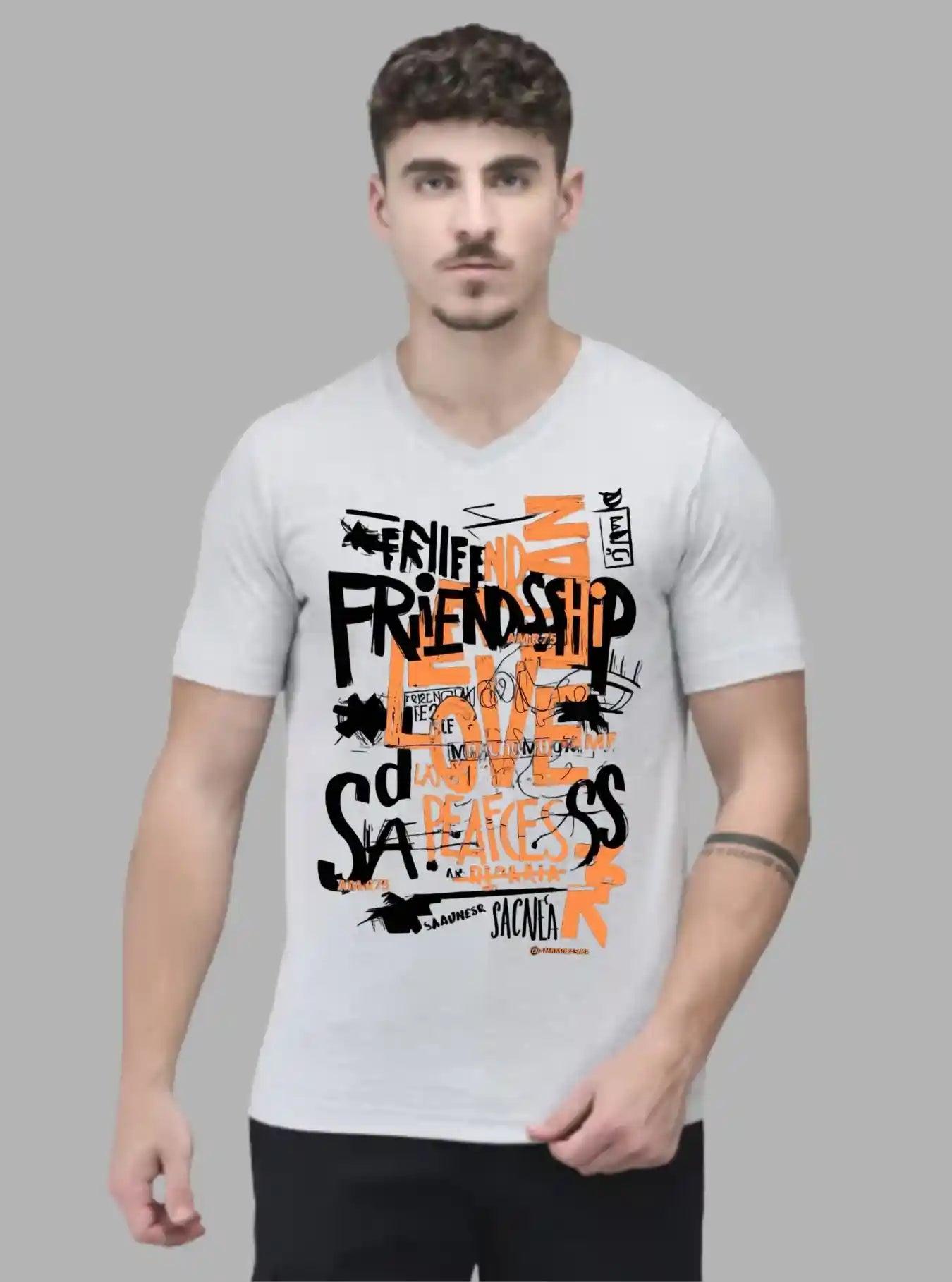 Men’s Grey Melange Vintage Print T-Shirt – Retro Look, Modern Comfort