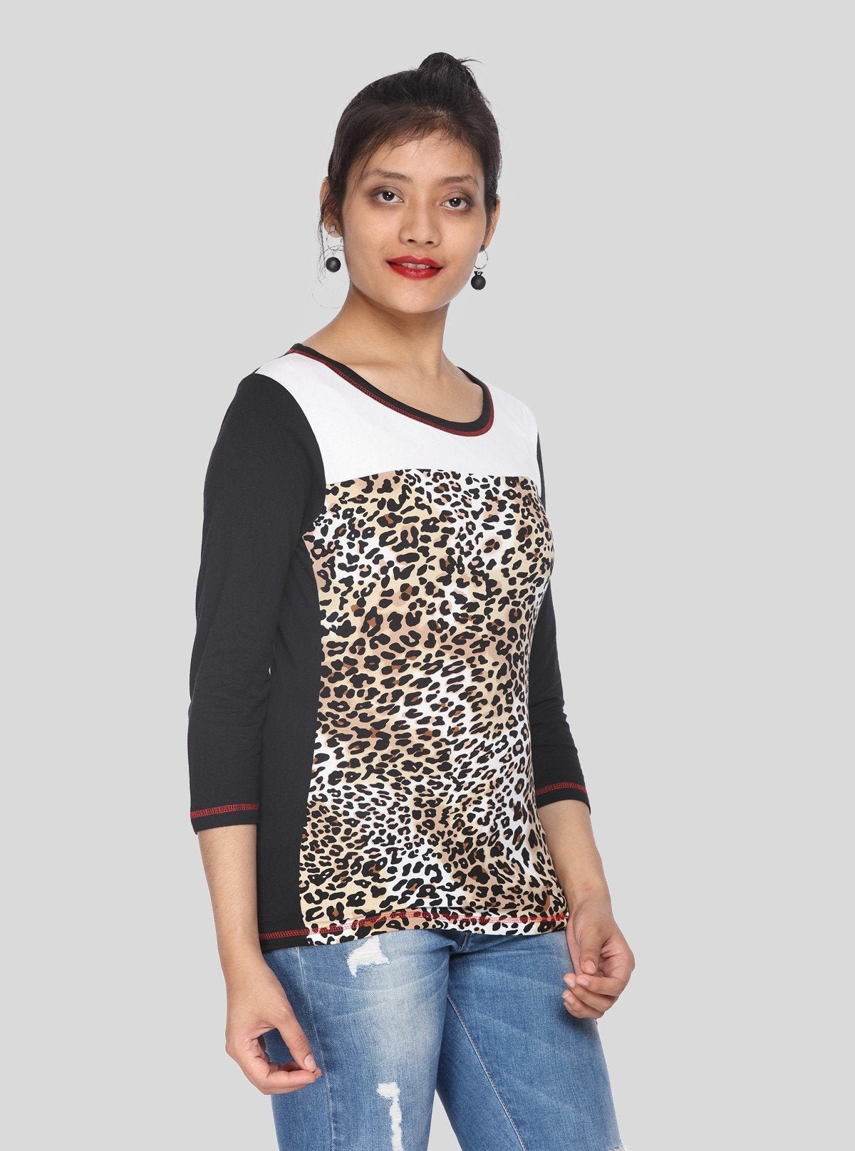 Women’s Animal Print Round Neck Top with 3/4th Sleeves in Cotton Jersey | Boer & Fitch - Boer and Fitch