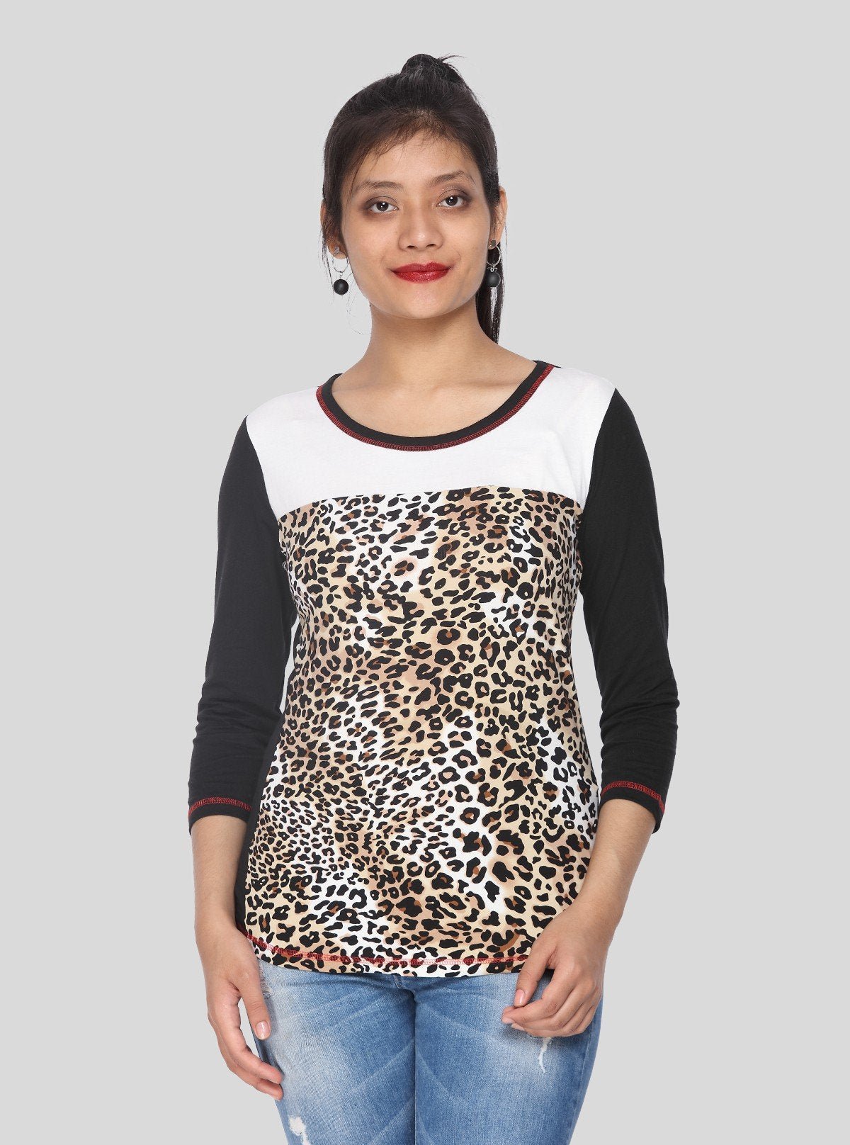 Women’s Animal Print Round Neck Top with 3/4th Sleeves in Cotton Jersey | Boer & Fitch - Boer and Fitch