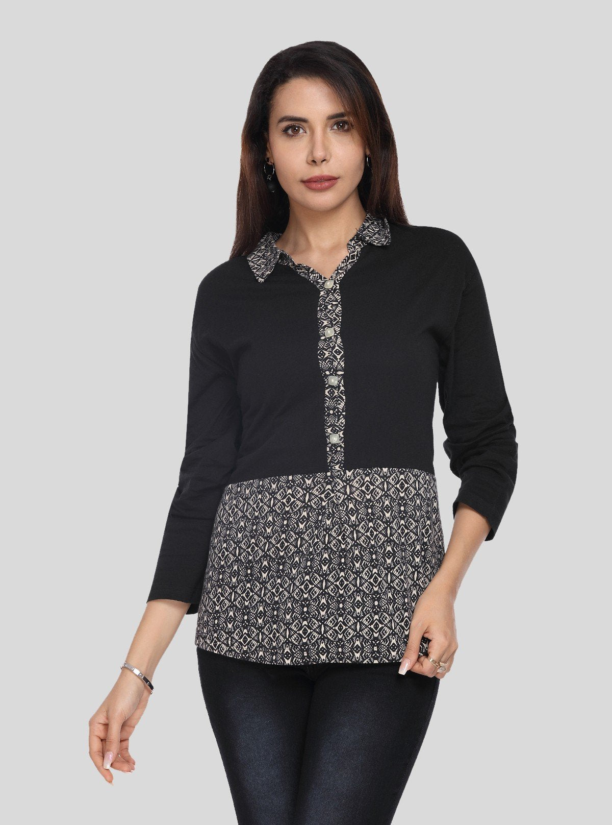 Women's Beige All Over Print Collared Neck Cotton Jersey Top with Long Sleeves | Boer & Fitch - Boer and Fitch