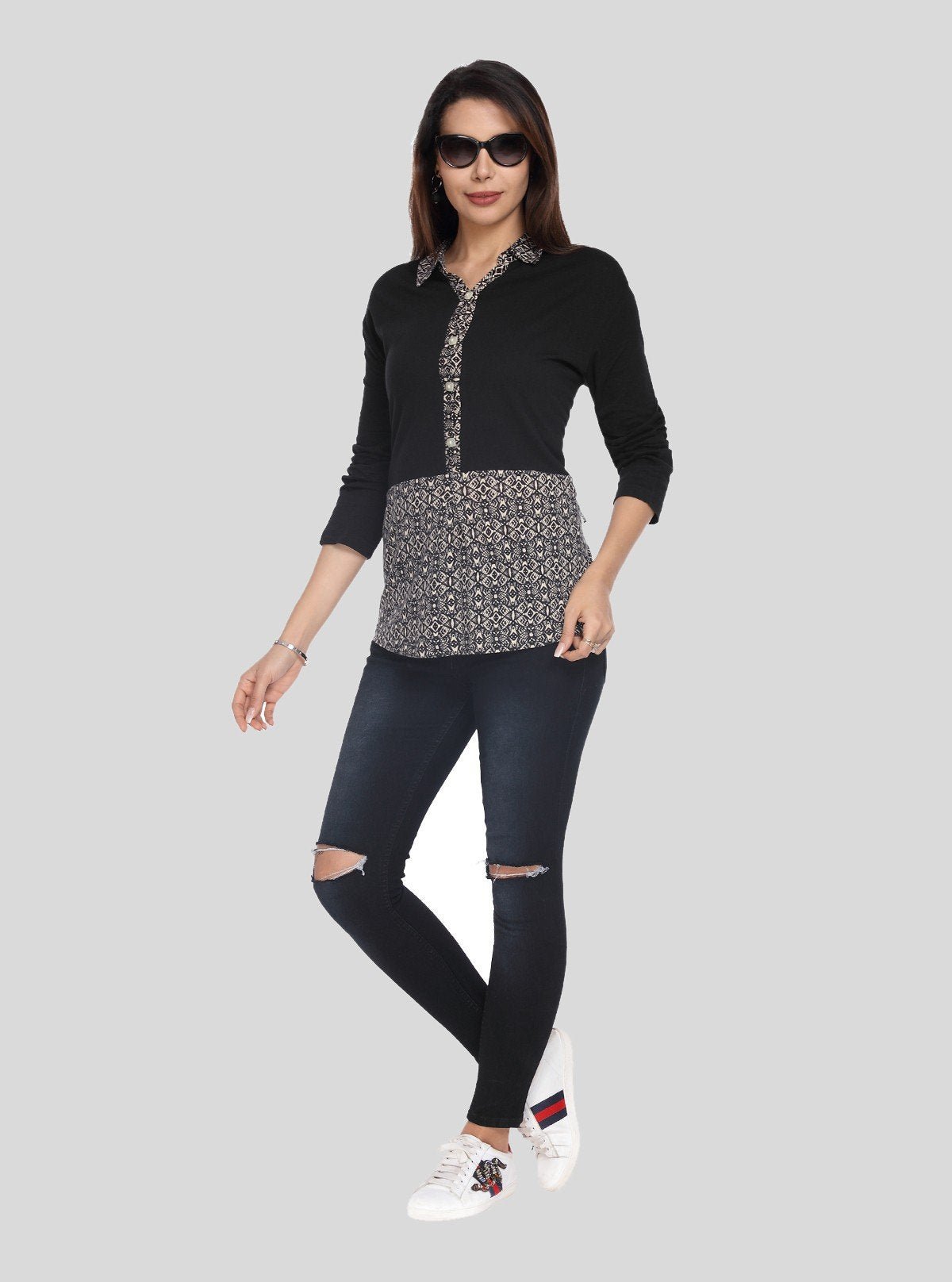 Women's Beige All Over Print Collared Neck Cotton Jersey Top with Long Sleeves | Boer & Fitch - Boer and Fitch