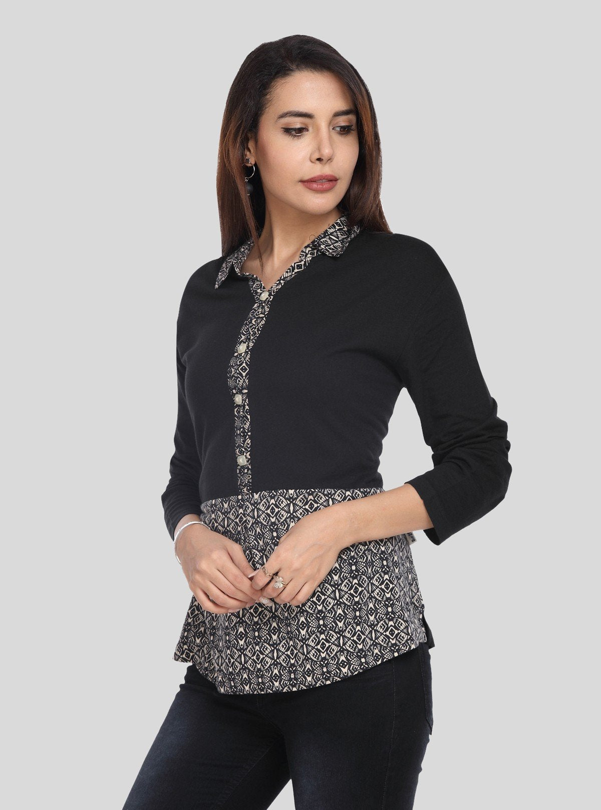 Women's Beige All Over Print Collared Neck Cotton Jersey Top with Long Sleeves | Boer & Fitch - Boer and Fitch