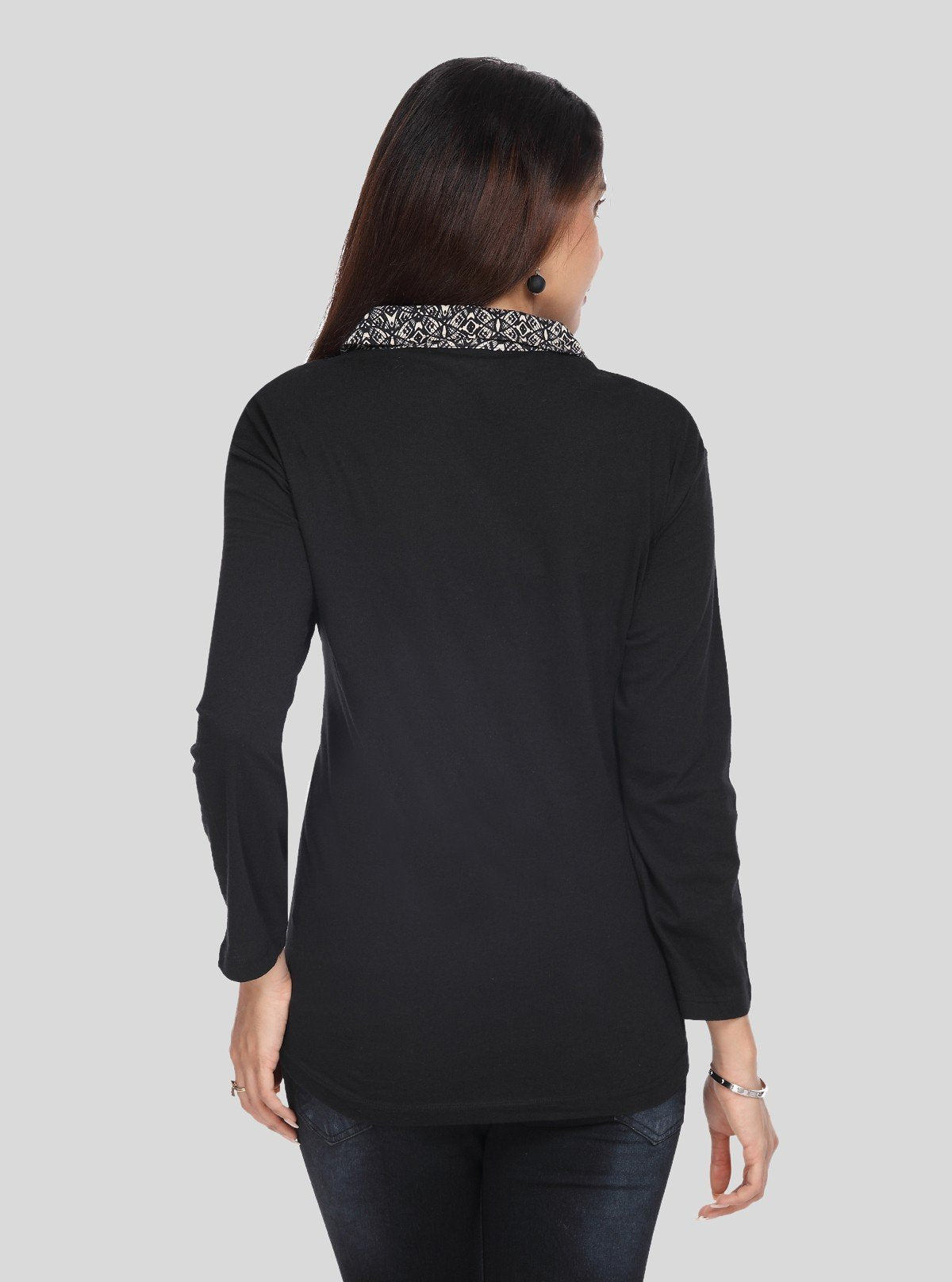 Women's Beige All Over Print Collared Neck Cotton Jersey Top with Long Sleeves | Boer & Fitch - Boer and Fitch