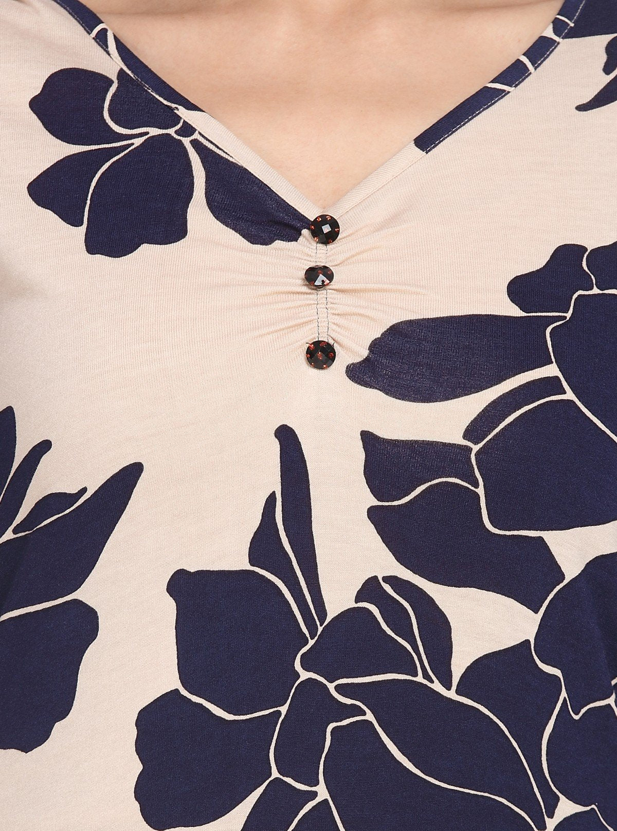 Women’s Beige Leafy Print Long Sleeve Top with Button Front – Cotton Jersey by Boer & Fitch - Boer and Fitch