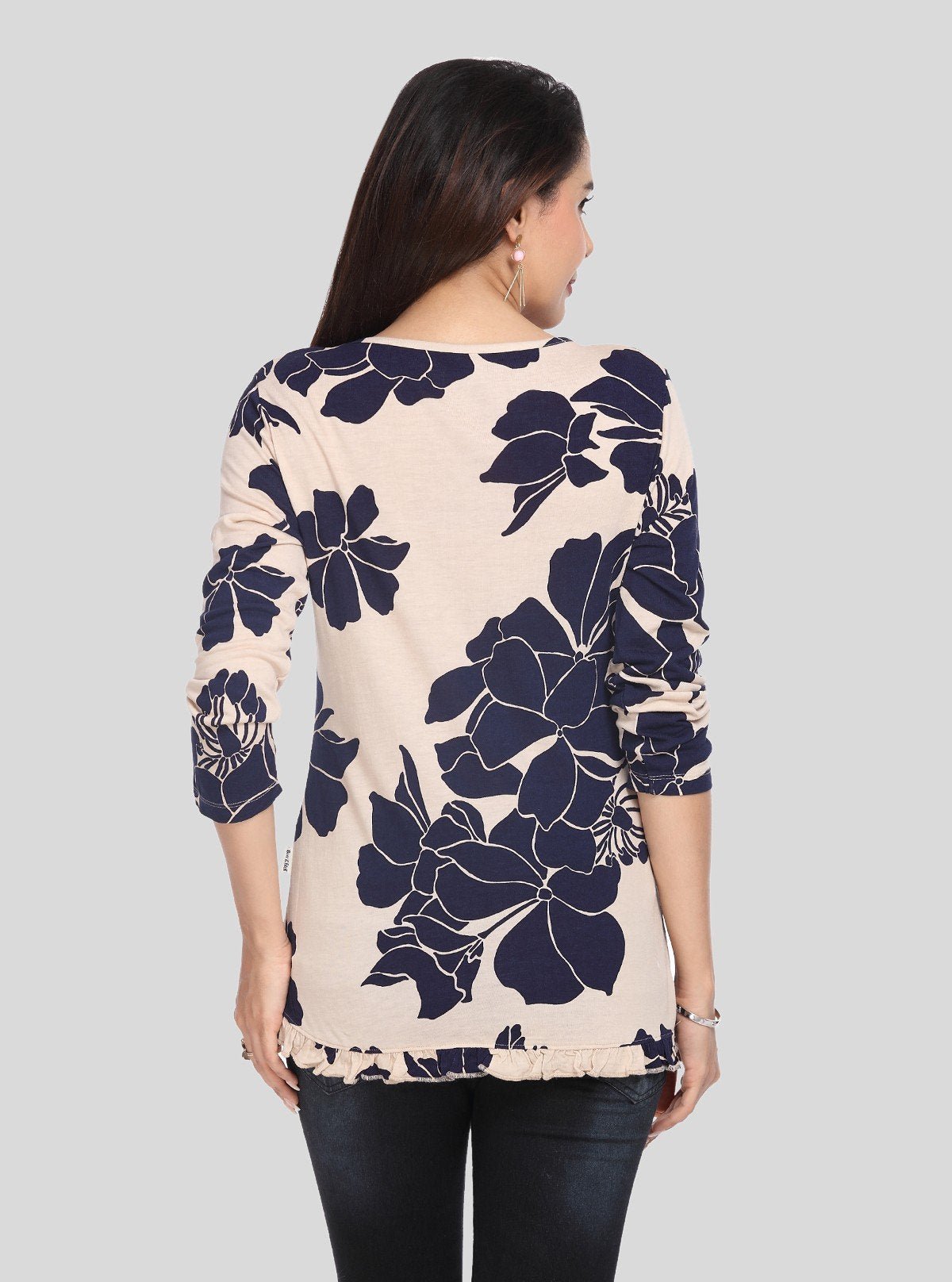 Women’s Beige Leafy Print Long Sleeve Top with Button Front – Cotton Jersey by Boer & Fitch - Boer and Fitch
