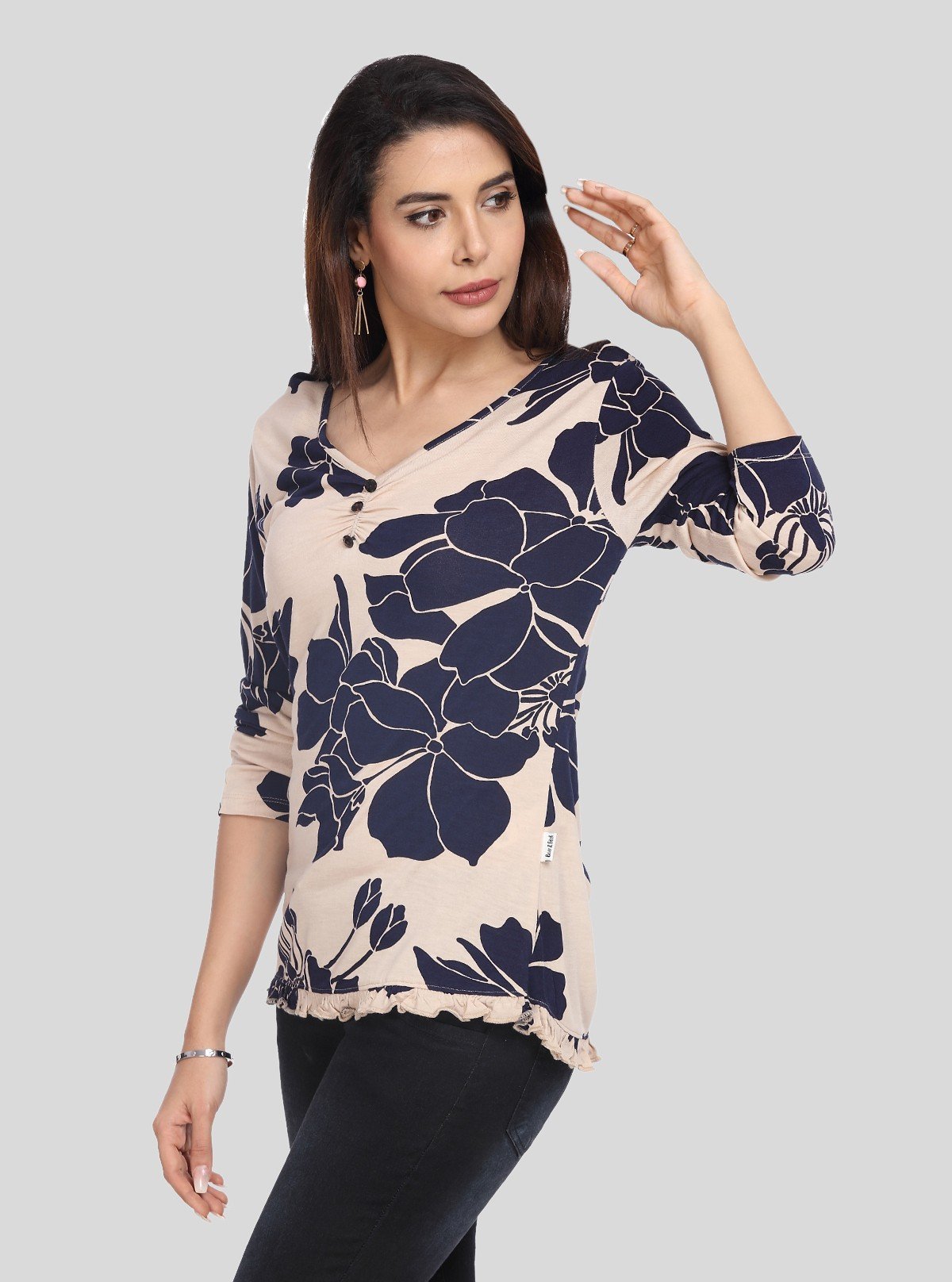 Women’s Beige Leafy Print Long Sleeve Top with Button Front – Cotton Jersey by Boer & Fitch - Boer and Fitch