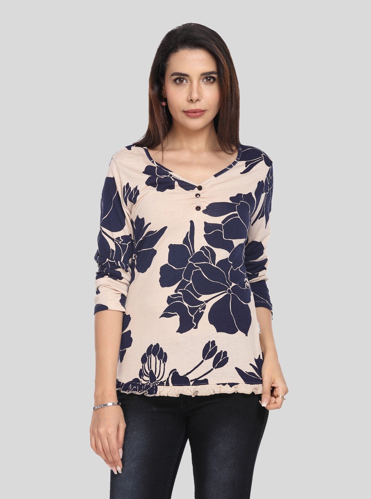 Women’s Beige Leafy Print Long Sleeve Top with Button Front – Cotton Jersey by Boer & Fitch - Boer and Fitch