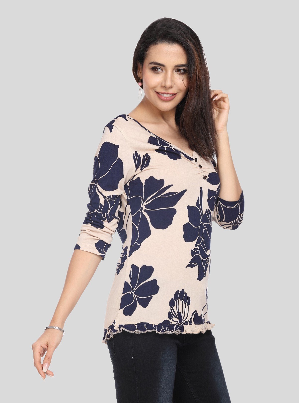 Women’s Beige Leafy Print Long Sleeve Top with Button Front – Cotton Jersey by Boer & Fitch - Boer and Fitch