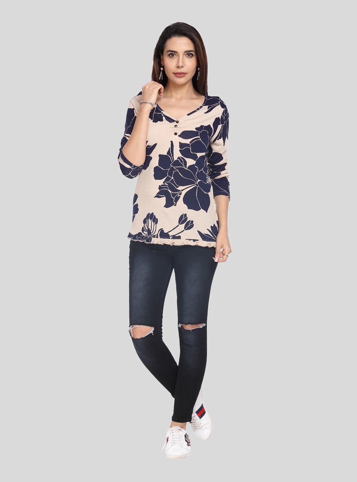 Women’s Beige Leafy Print Long Sleeve Top with Button Front – Cotton Jersey by Boer & Fitch - Boer and Fitch