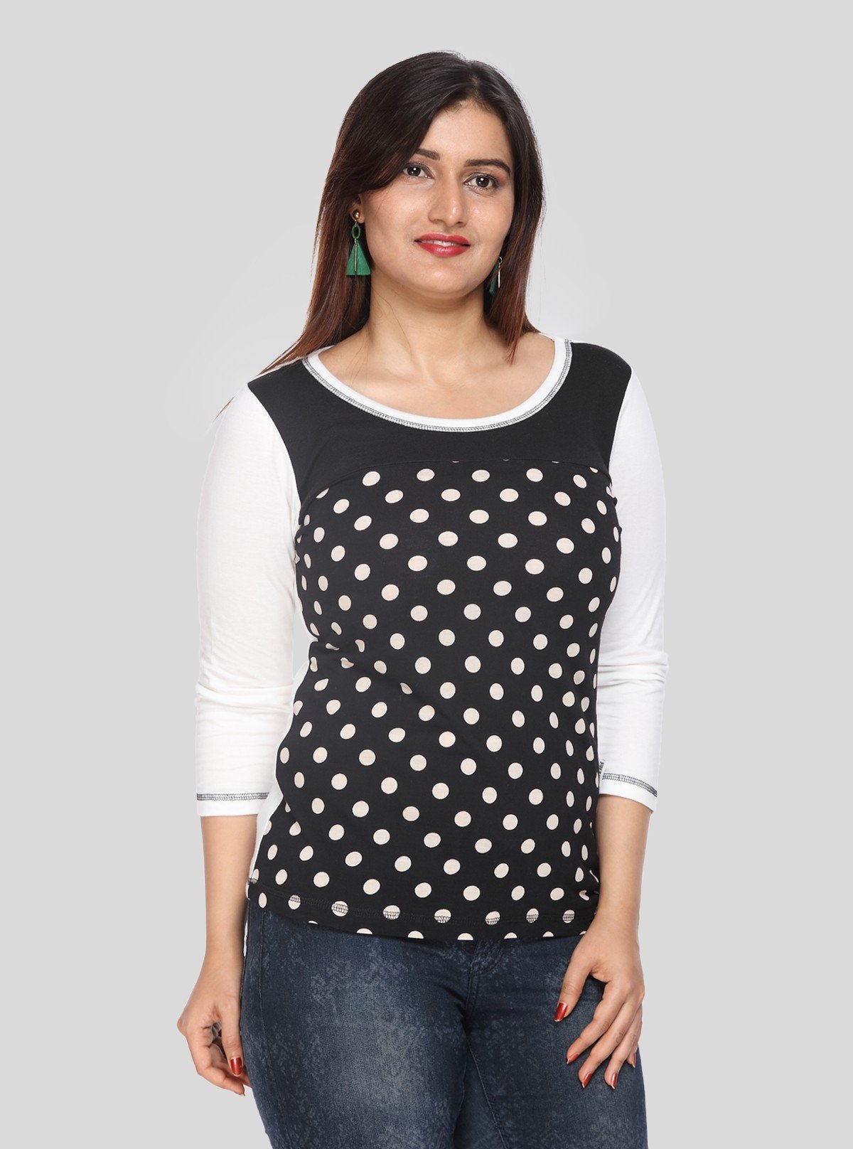Women's Black Bold Polka Dot Print Long Sleeve Top in Cotton Jersey | Boer & Fitch - Boer and Fitch