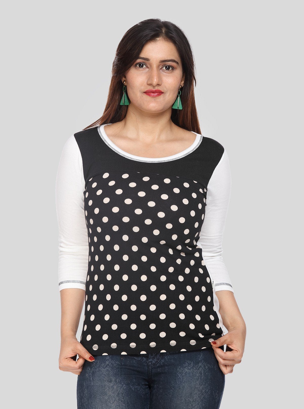 Women's Black Bold Polka Dot Print Long Sleeve Top in Cotton Jersey | Boer & Fitch - Boer and Fitch