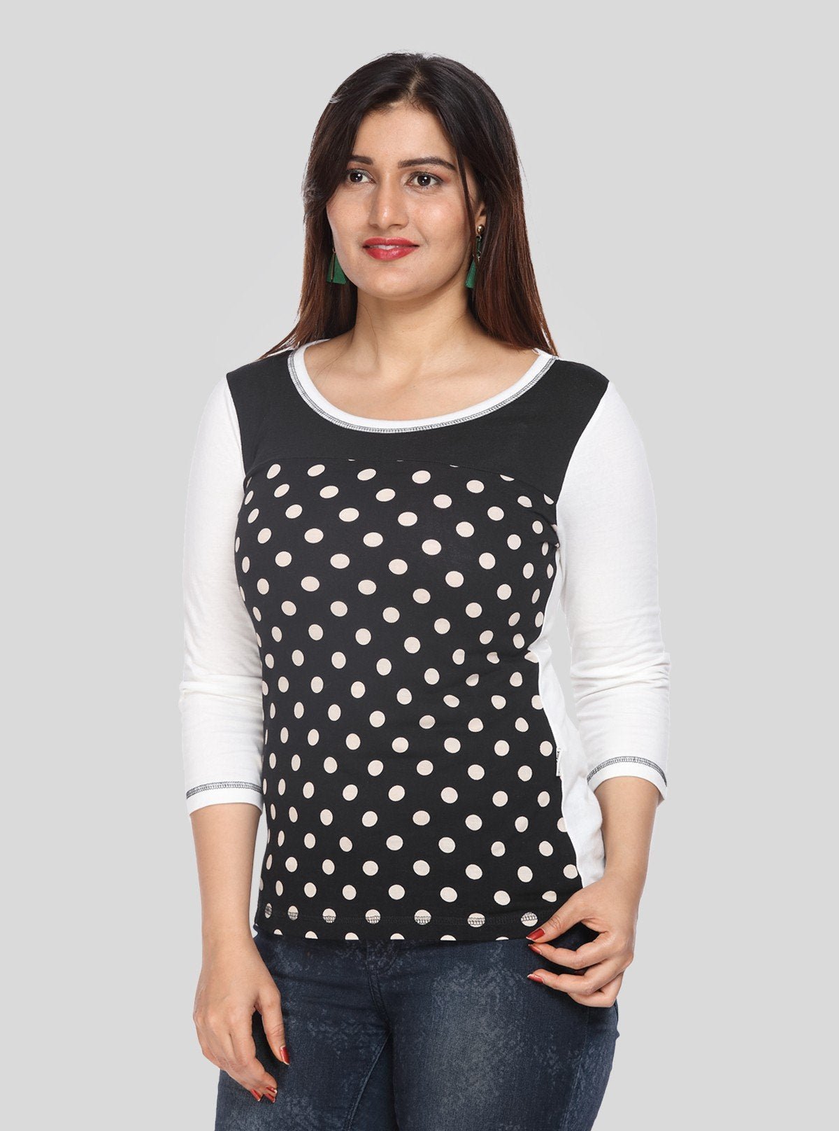Women's Black Bold Polka Dot Print Long Sleeve Top in Cotton Jersey | Boer & Fitch - Boer and Fitch