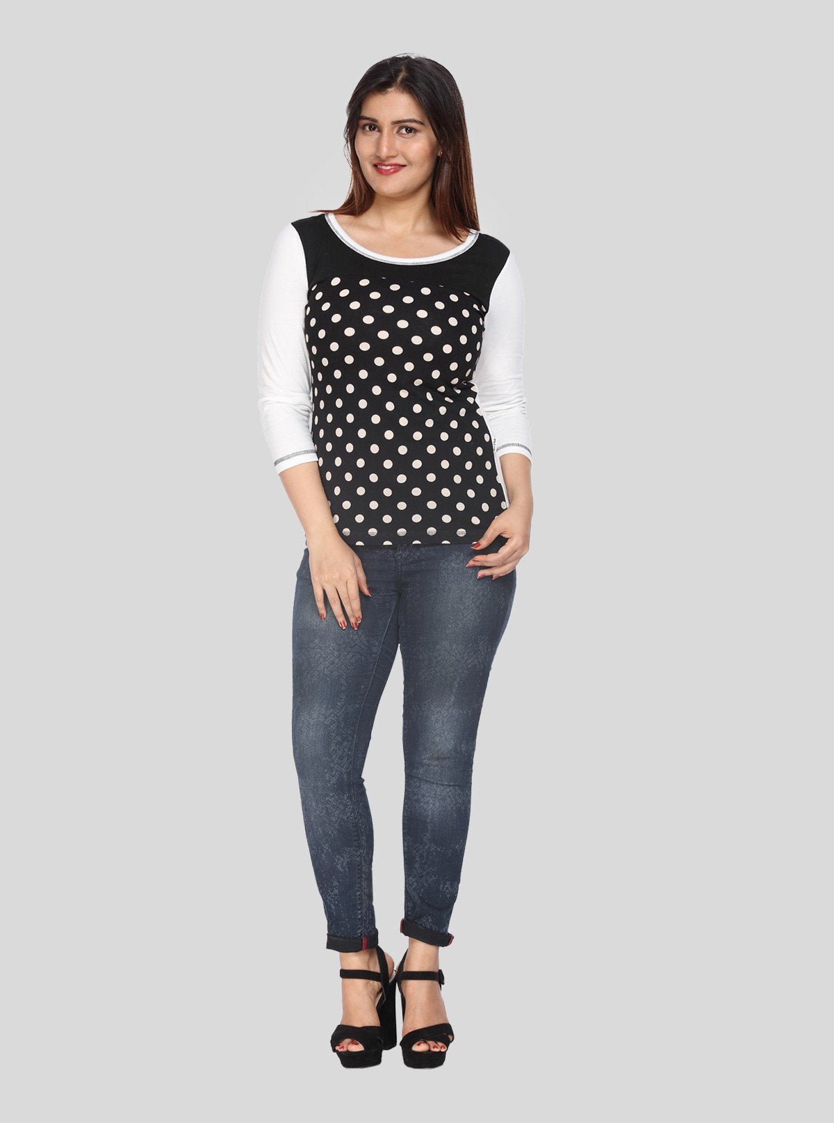 Women's Black Bold Polka Dot Print Long Sleeve Top in Cotton Jersey | Boer & Fitch - Boer and Fitch