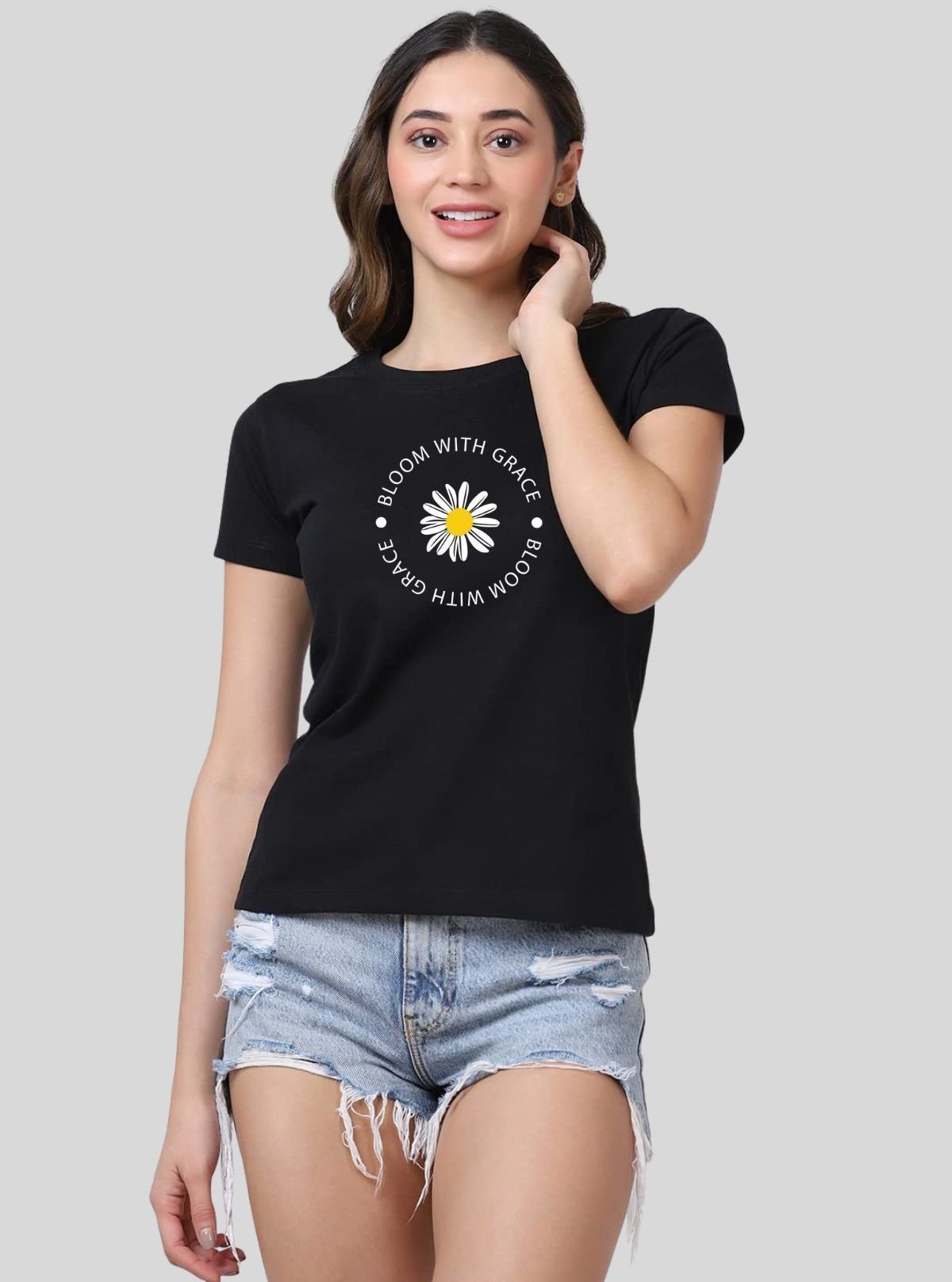 Women's Black Crew Neck "Bloom with Grace" Print Cotton Jersey Short Sleeve T-Shirt by Boer and Fitch - Boer and Fitch